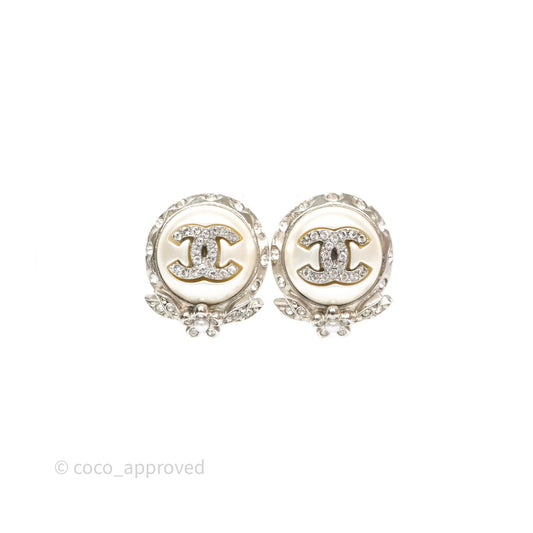 Chanel CC Pearl Crystal Rounded Earrings Silver Tone 21B