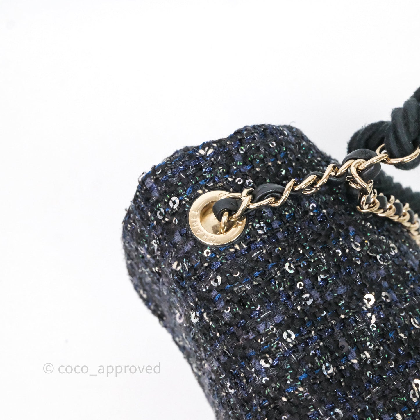 Chanel Small Tweed Sequin Flap Navy With Pearl Chain Gold Hardware