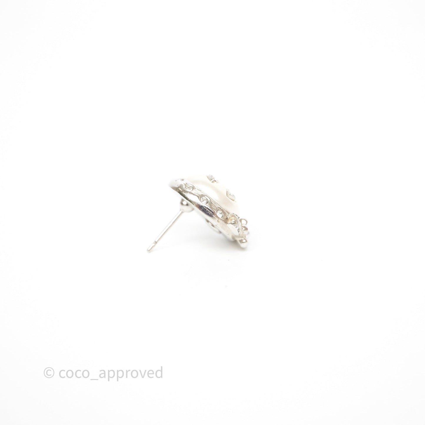 Chanel CC Pearl Crystal Rounded Earrings Silver Tone 21B