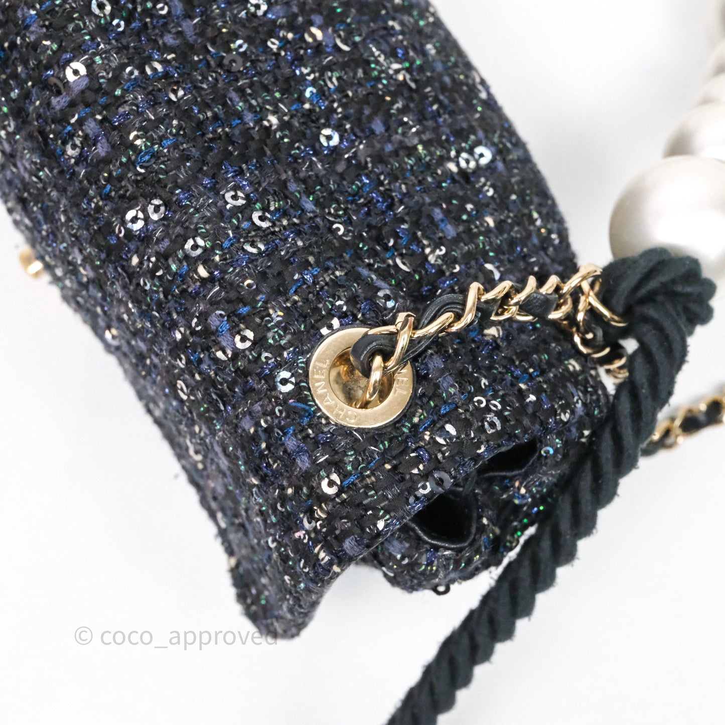 Chanel Small Tweed Sequin Flap Navy With Pearl Chain Gold Hardware