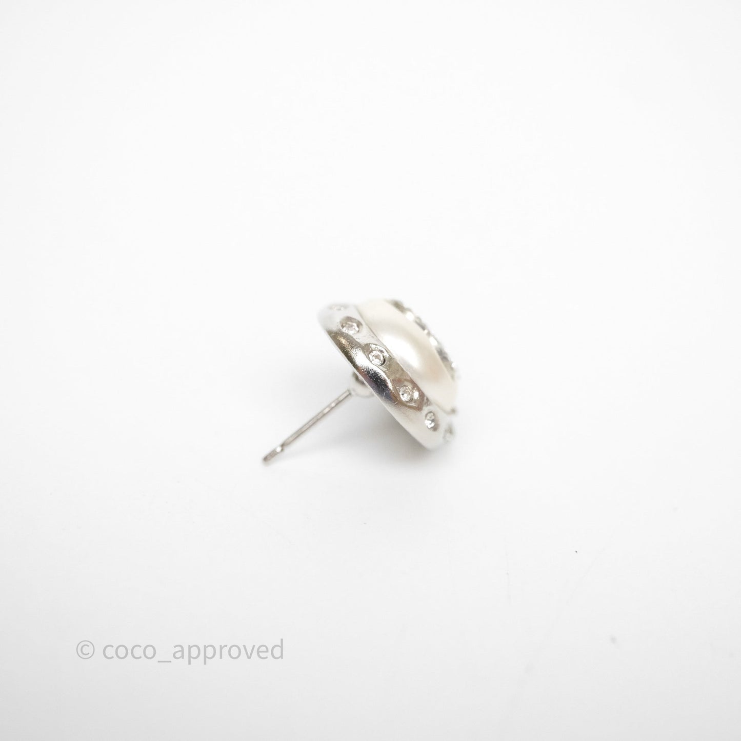 Chanel CC Pearl Crystal Rounded Earrings Silver Tone 21B