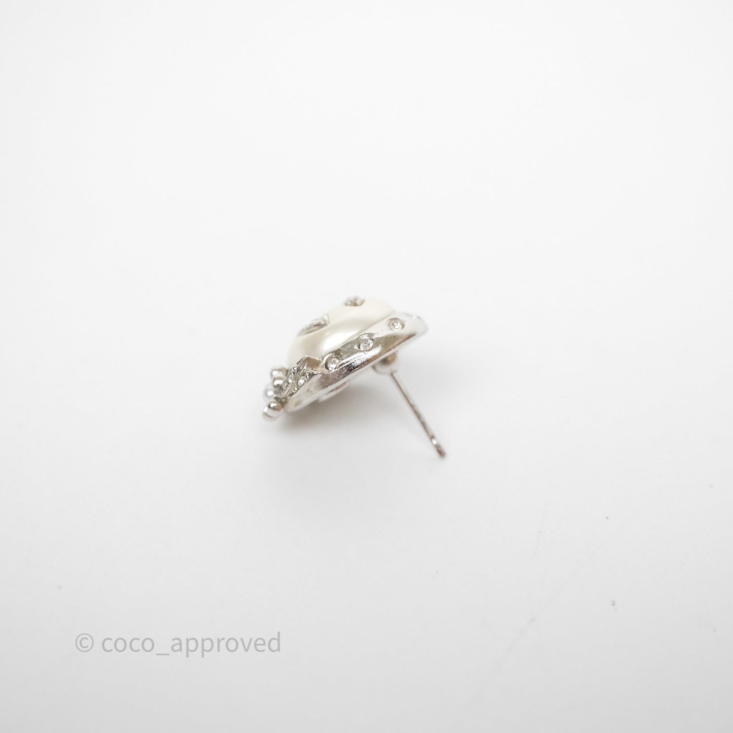 Chanel CC Pearl Crystal Rounded Earrings Silver Tone 21B