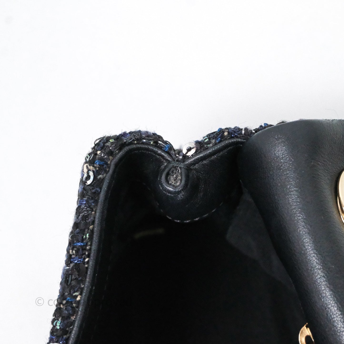 Chanel Small Tweed Sequin Flap Navy With Pearl Chain Gold Hardware