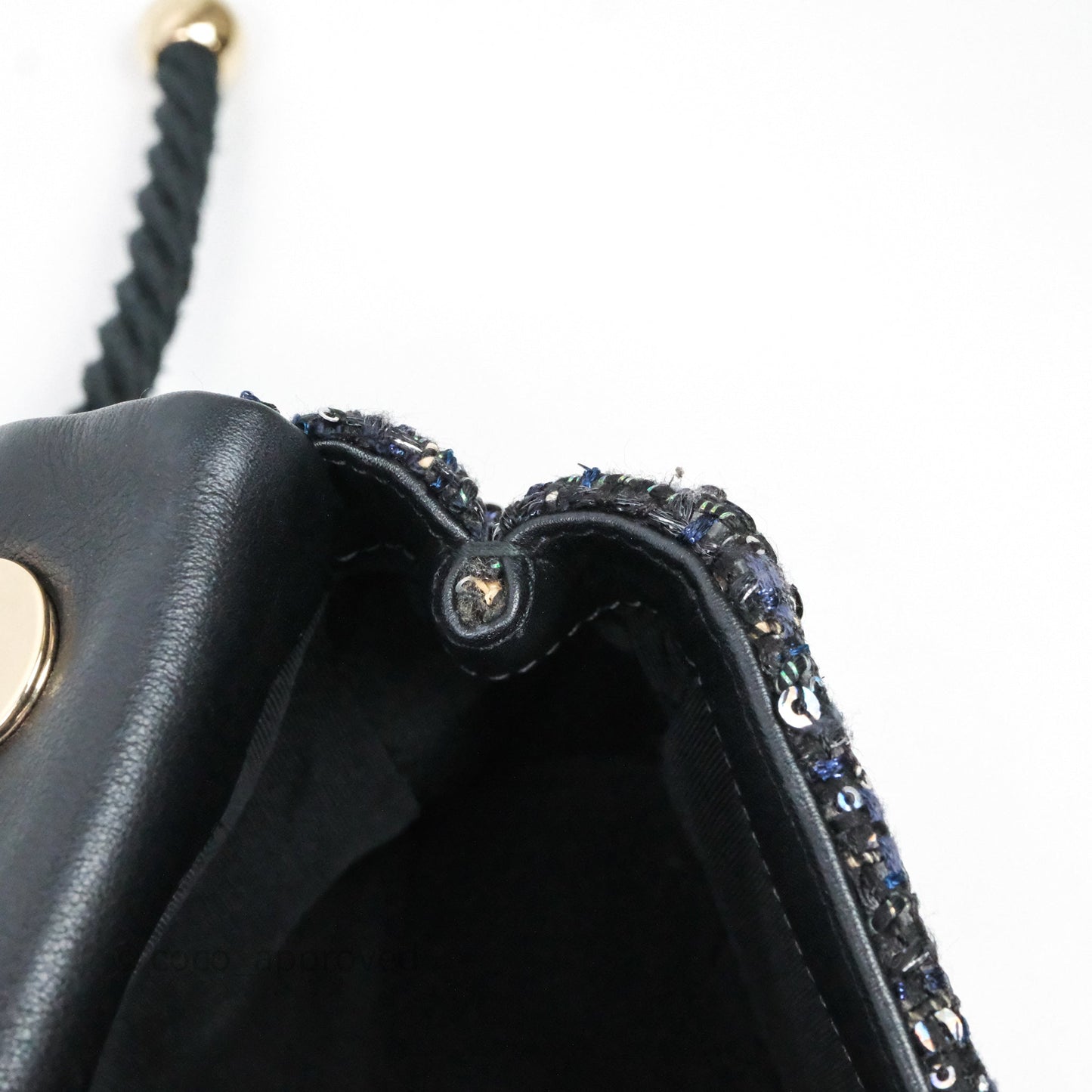 Chanel Small Tweed Sequin Flap Navy With Pearl Chain Gold Hardware