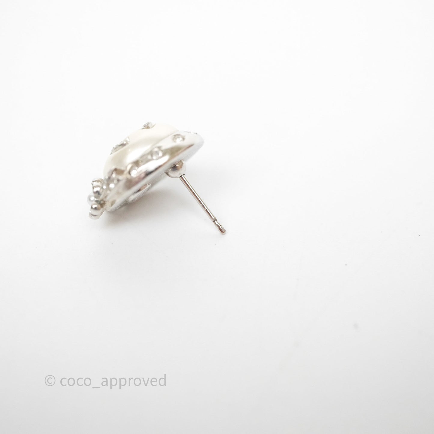 Chanel CC Pearl Crystal Rounded Earrings Silver Tone 21B