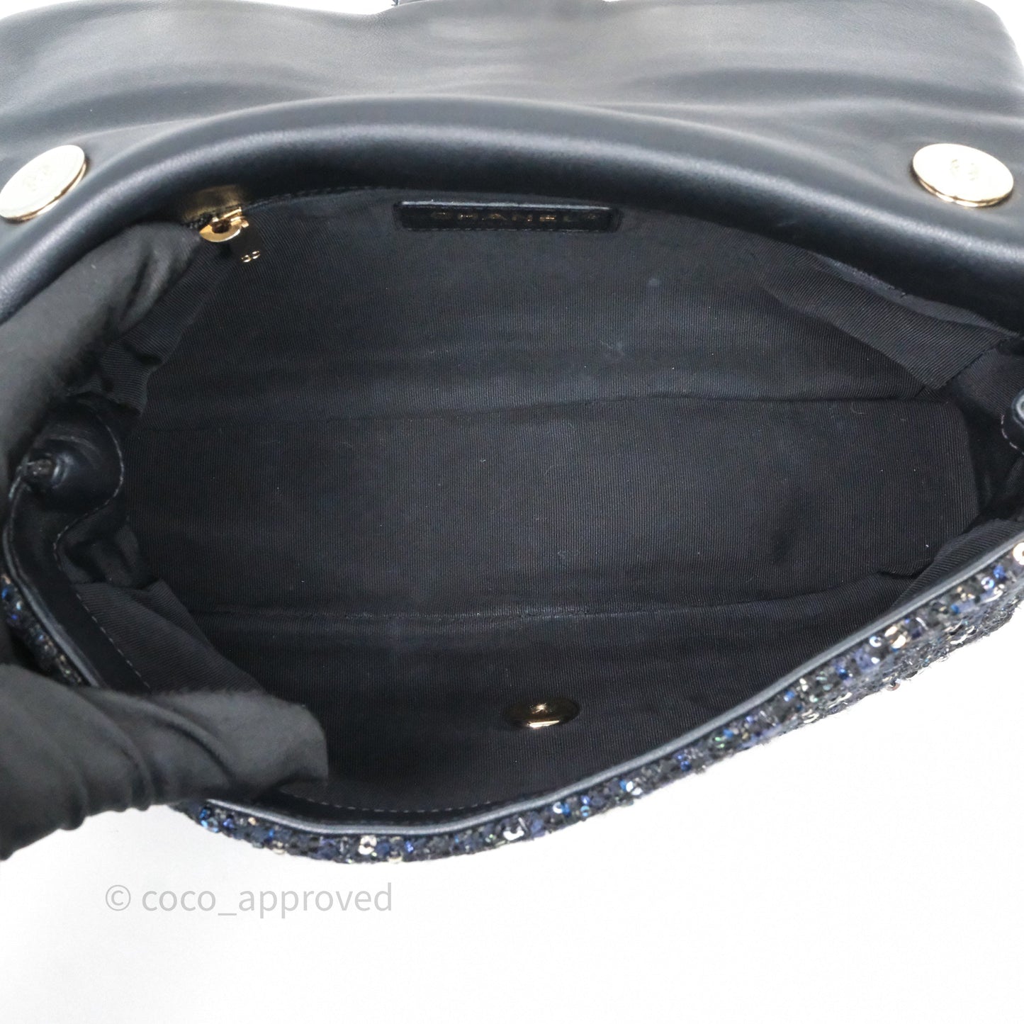 Chanel Small Tweed Sequin Flap Navy With Pearl Chain Gold Hardware