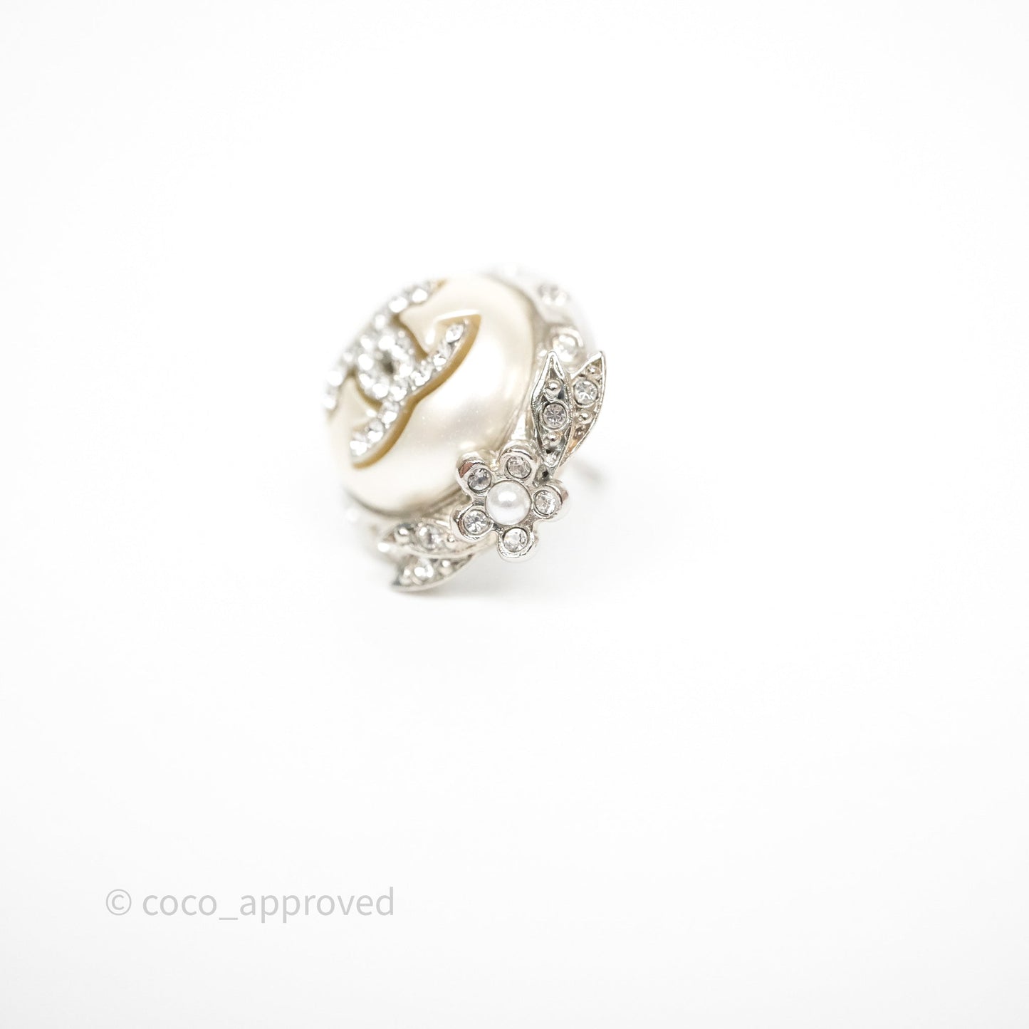 Chanel CC Pearl Crystal Rounded Earrings Silver Tone 21B