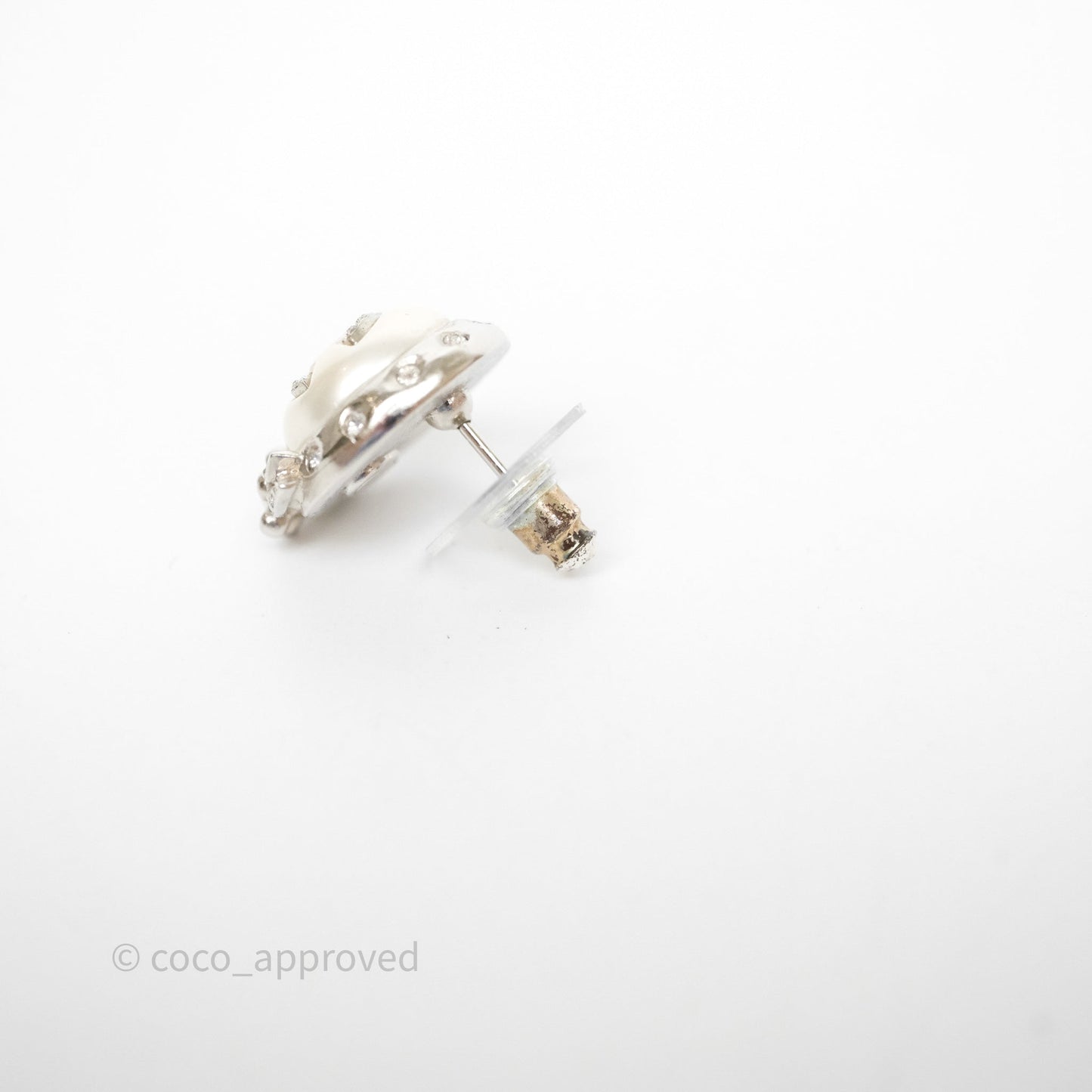 Chanel CC Pearl Crystal Rounded Earrings Silver Tone 21B