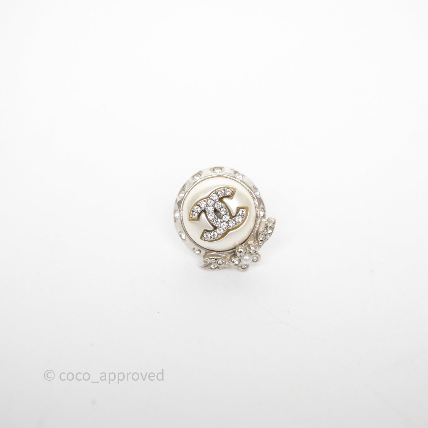 Chanel CC Pearl Crystal Rounded Earrings Silver Tone 21B