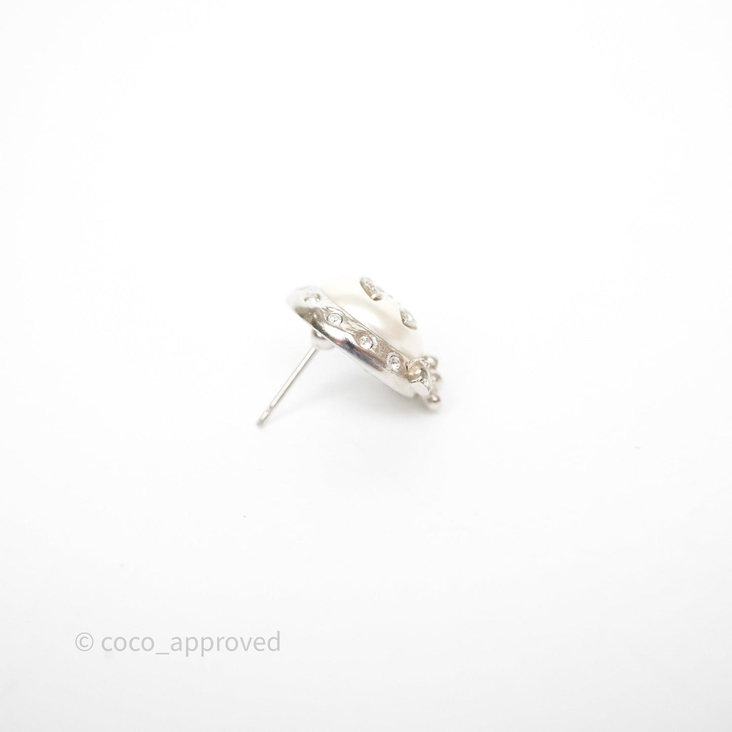 Chanel CC Pearl Crystal Rounded Earrings Silver Tone 21B