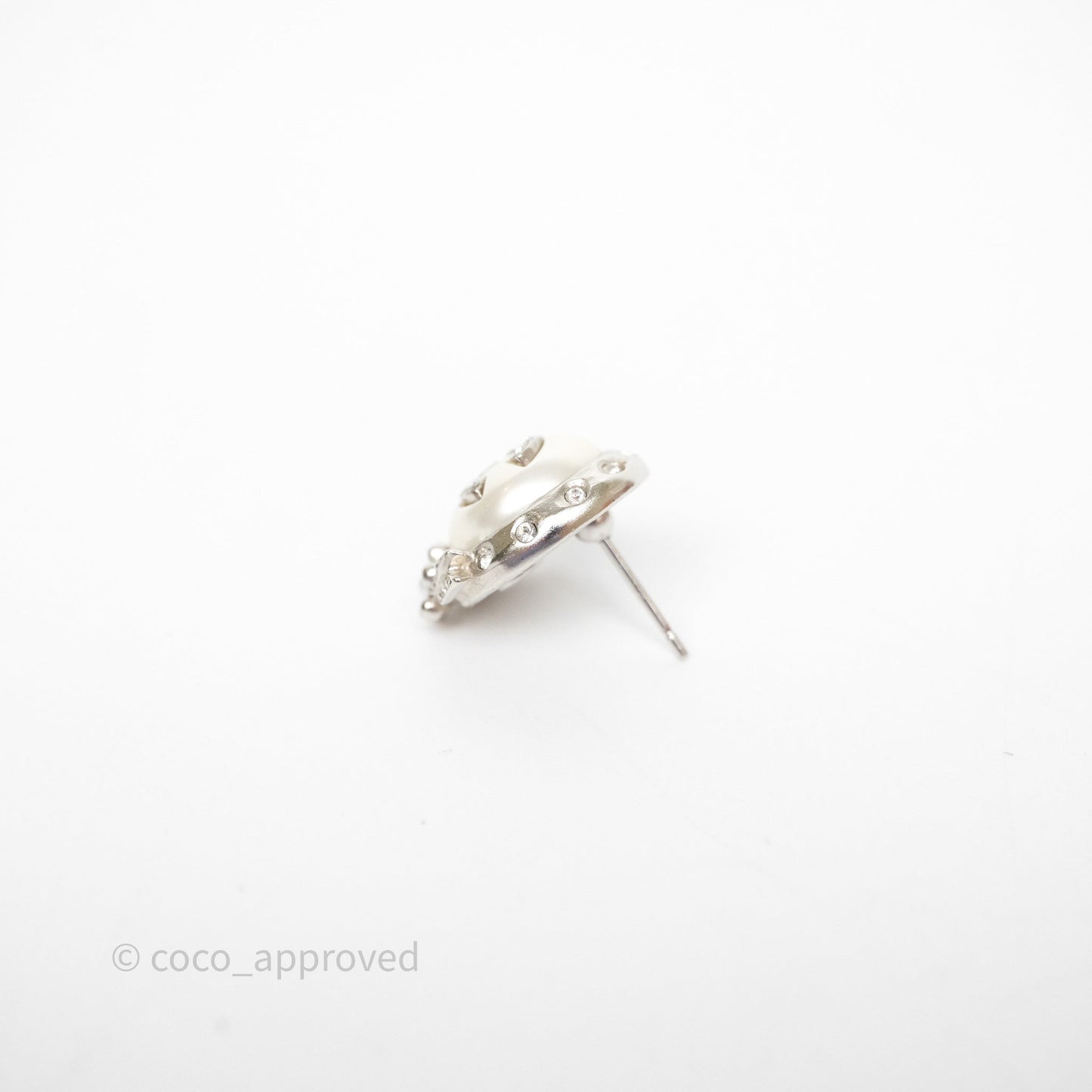 Chanel CC Pearl Crystal Rounded Earrings Silver Tone 21B