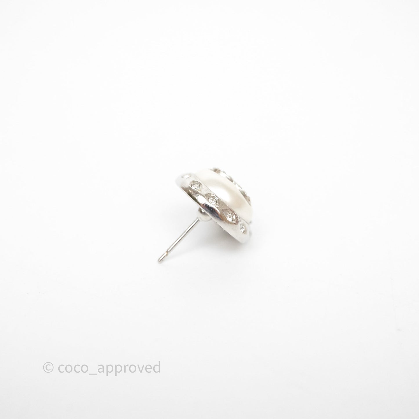 Chanel CC Pearl Crystal Rounded Earrings Silver Tone 21B