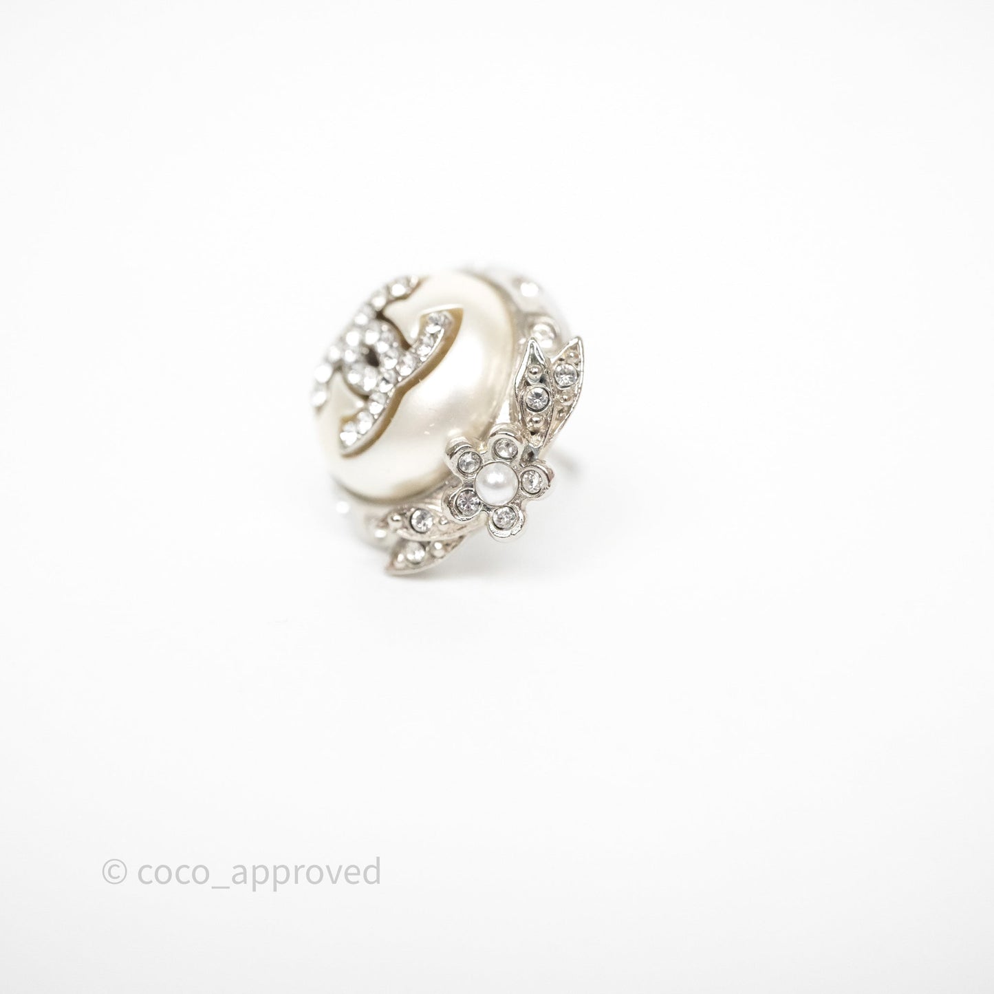 Chanel CC Pearl Crystal Rounded Earrings Silver Tone 21B