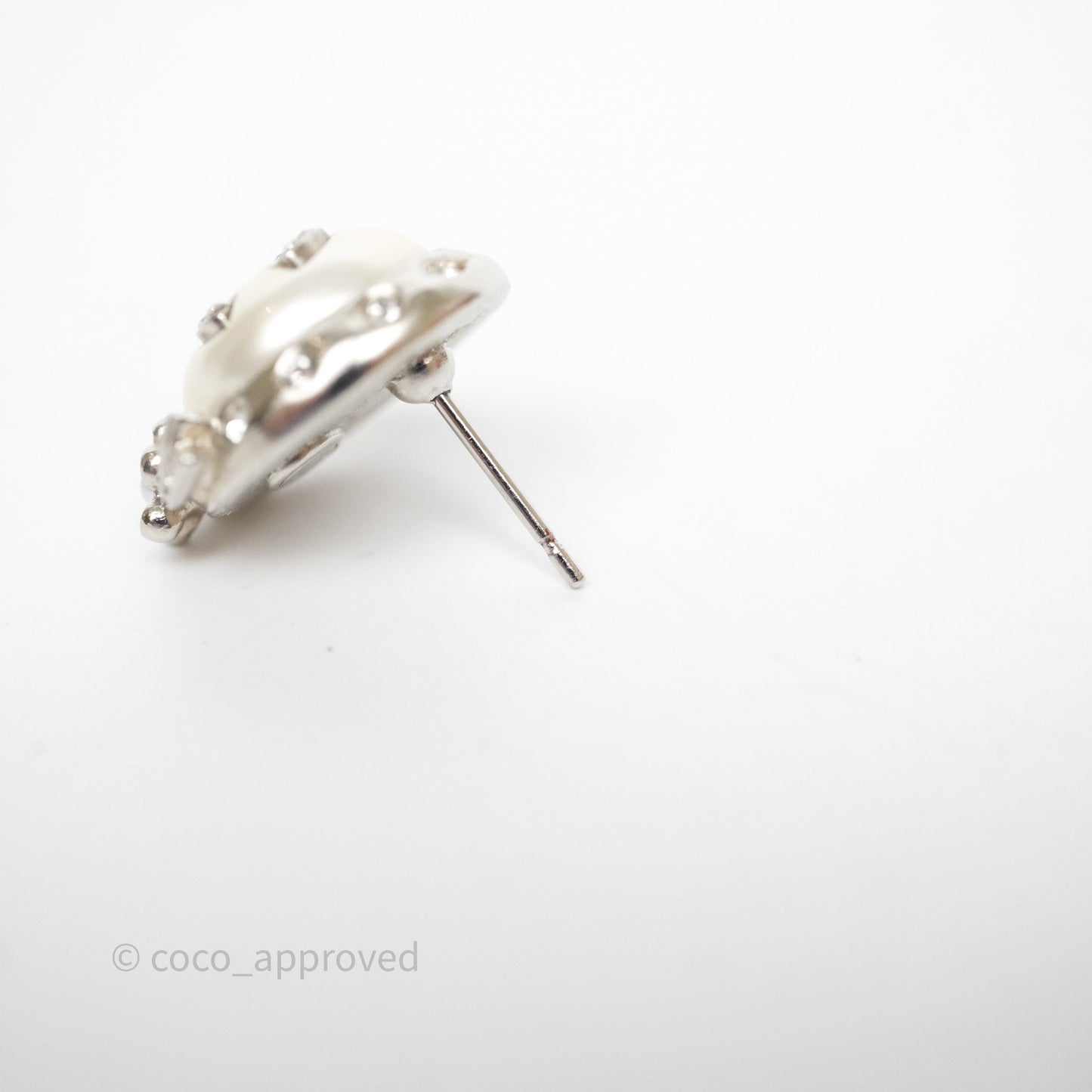 Chanel CC Pearl Crystal Rounded Earrings Silver Tone 21B