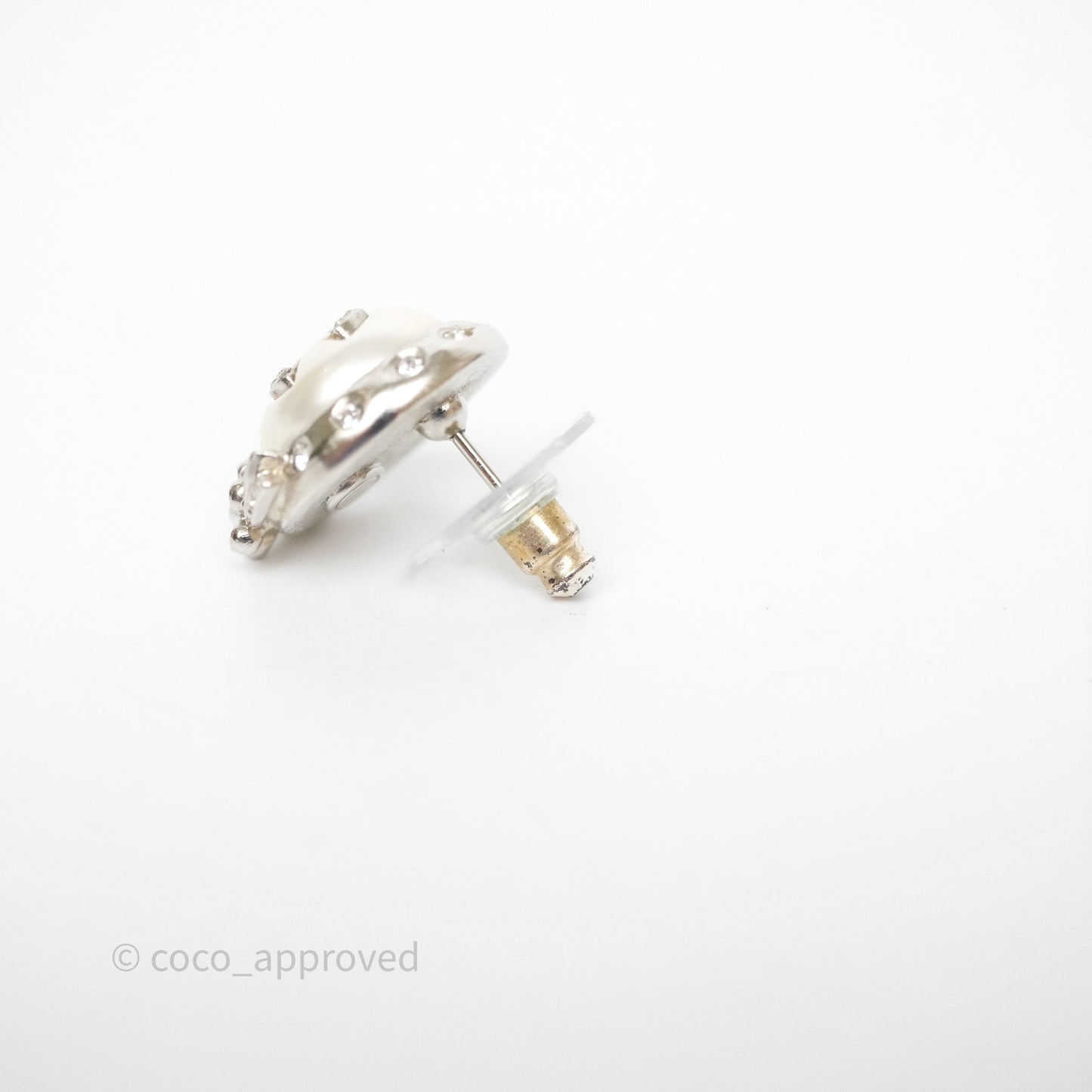 Chanel CC Pearl Crystal Rounded Earrings Silver Tone 21B