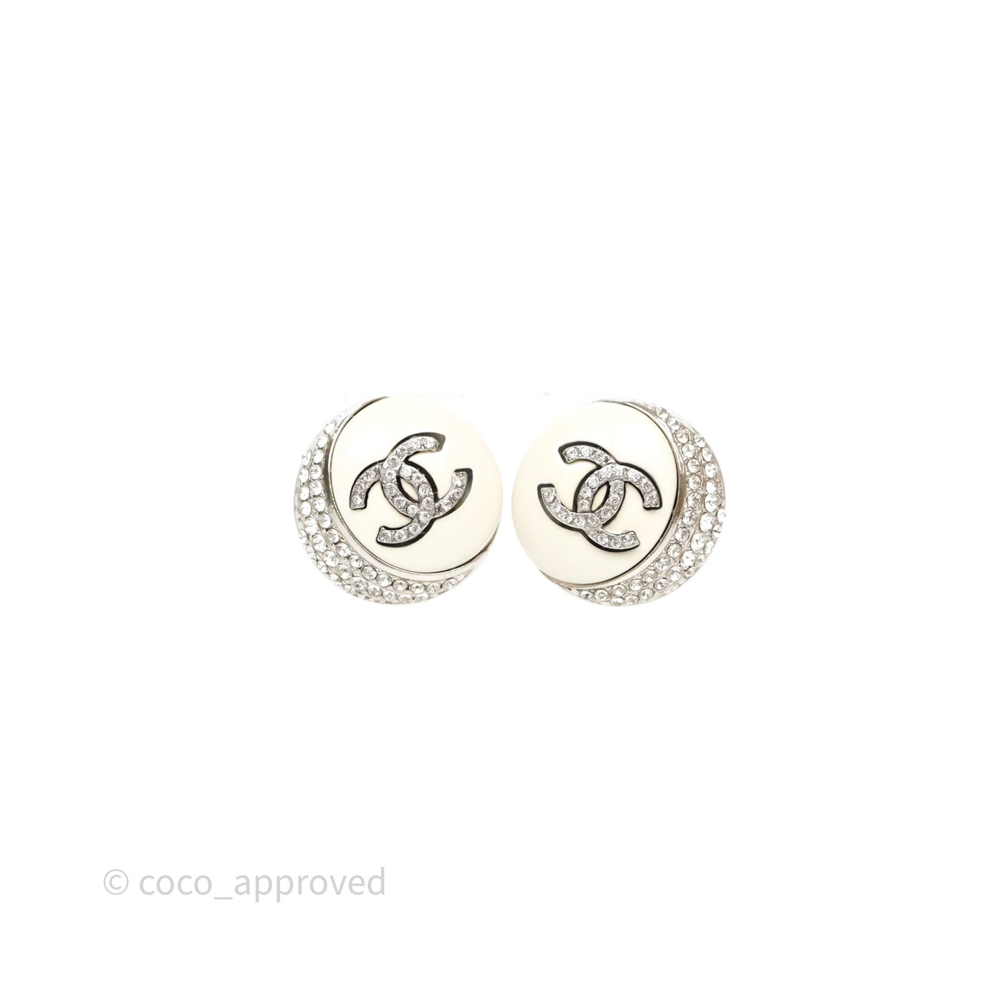 Chanel Crystal CC White Round Earrings Silver Tone 22C