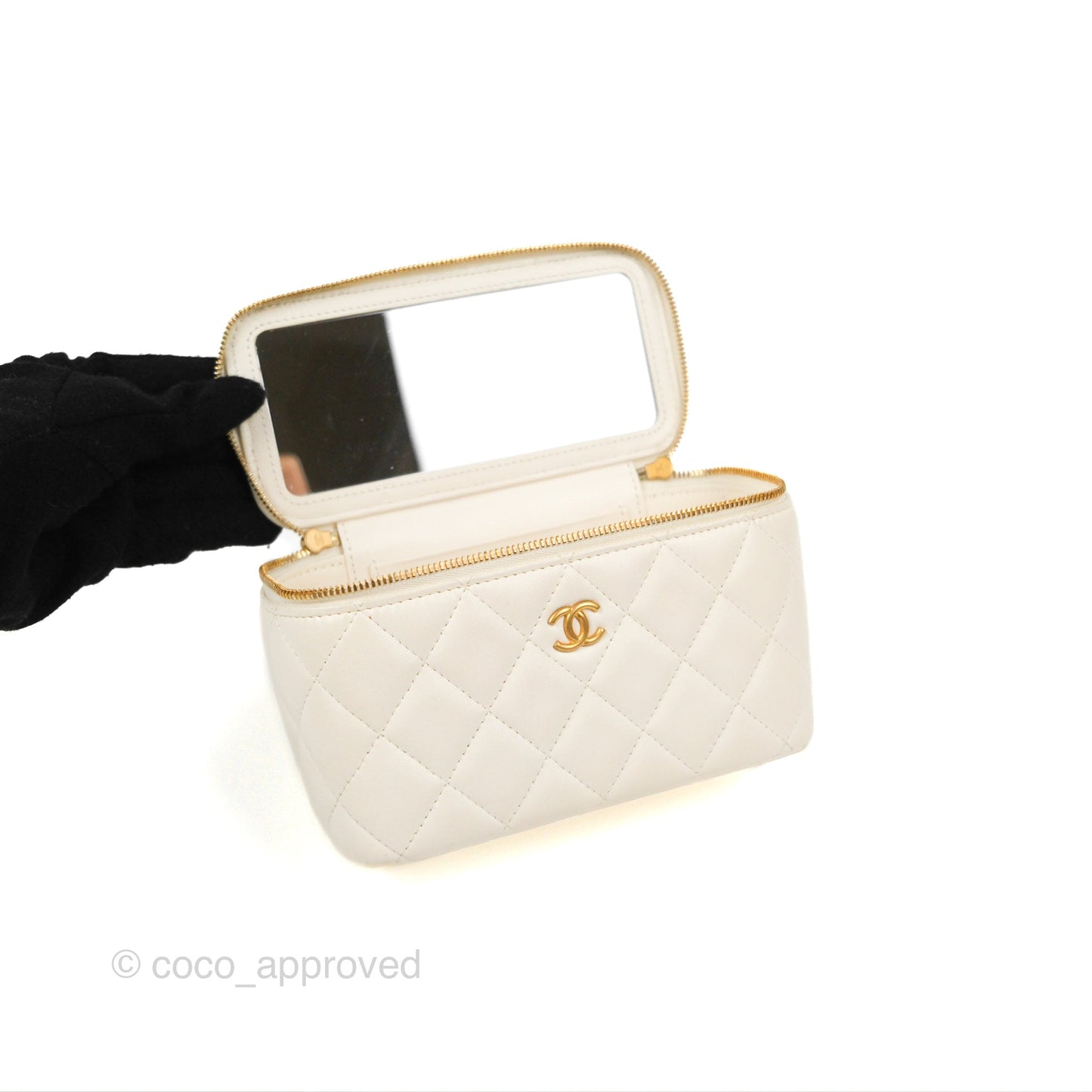Chanel Vanity with COCO Heart Chain White Lambskin Aged Gold Hardware