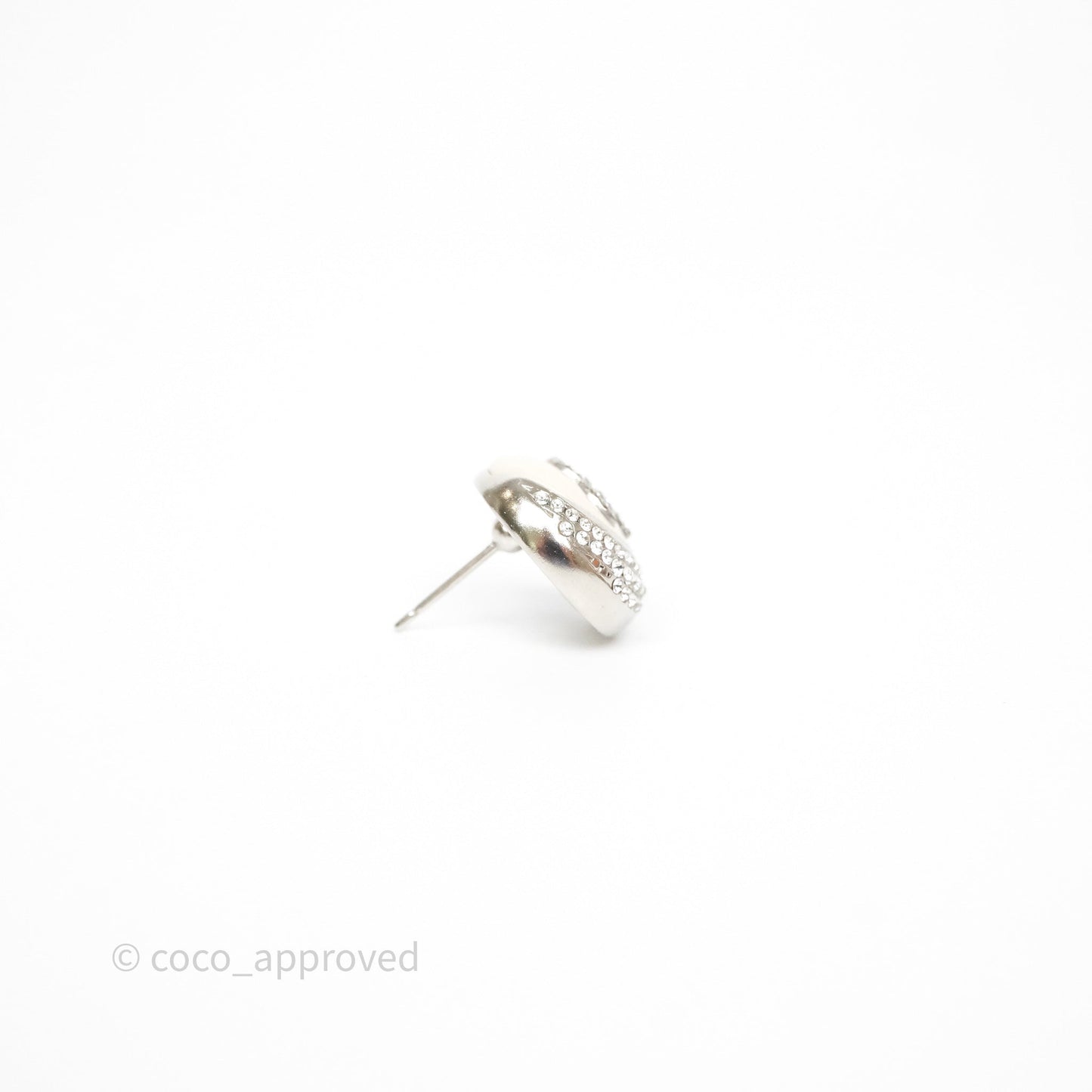 Chanel Crystal CC White Round Earrings Silver Tone 22C