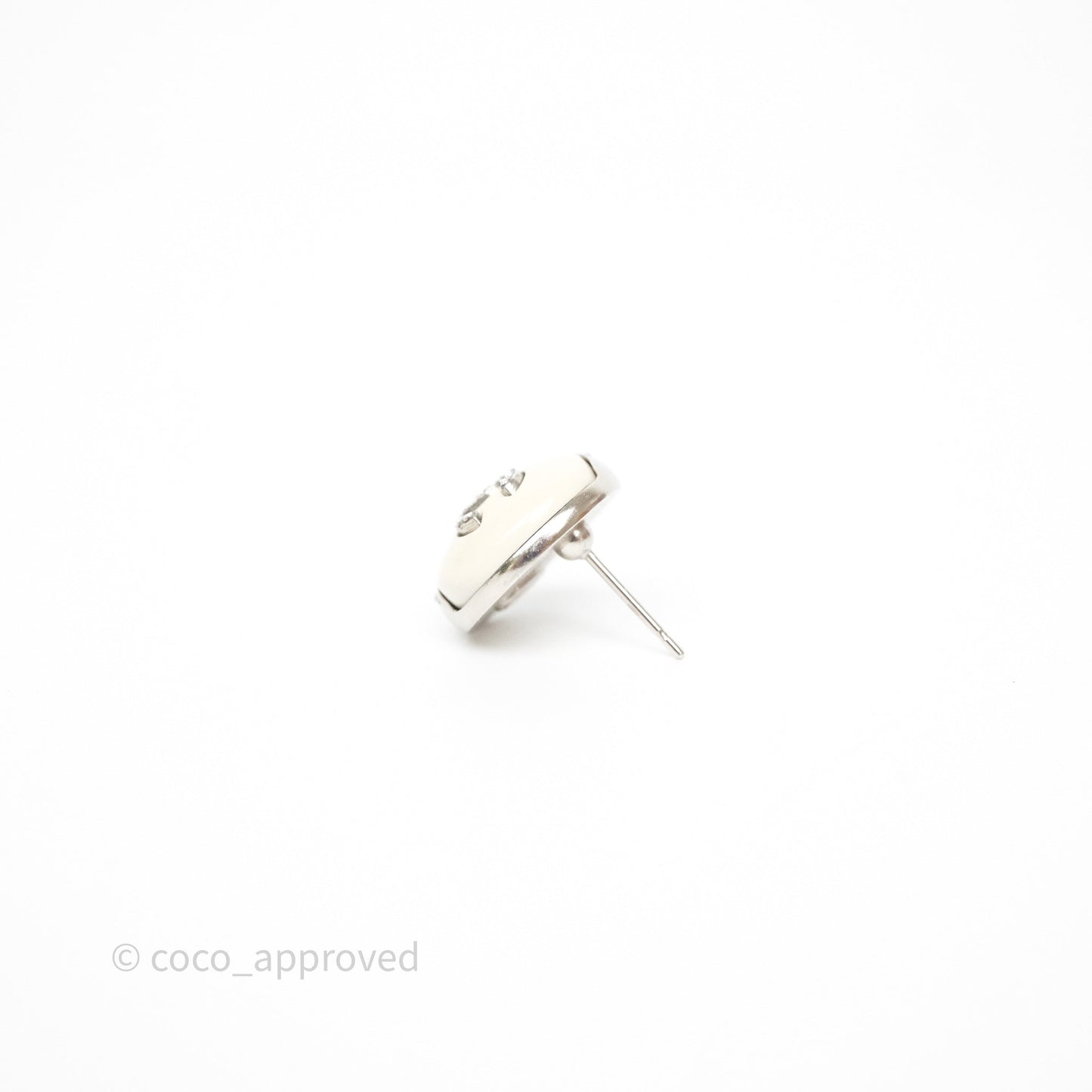 Chanel Crystal CC White Round Earrings Silver Tone 22C