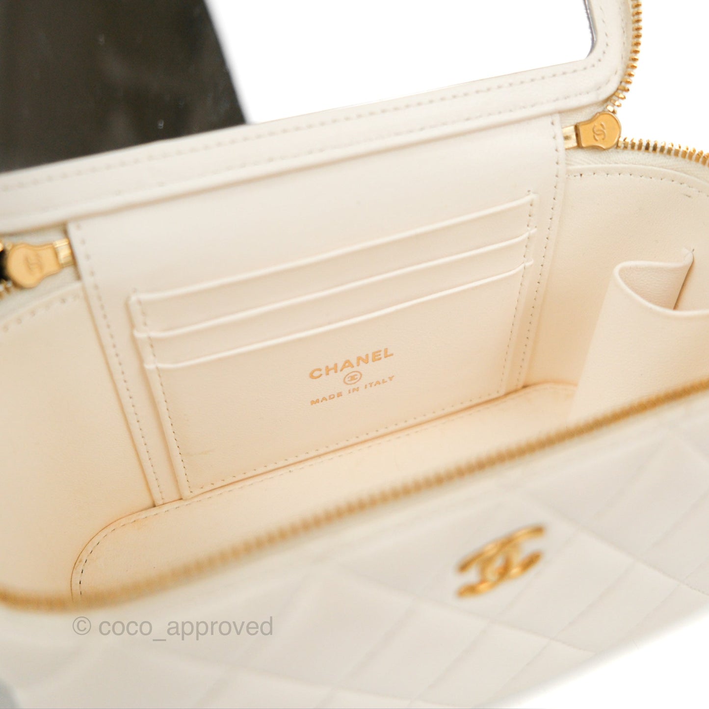 Chanel Vanity with COCO Heart Chain White Lambskin Aged Gold Hardware
