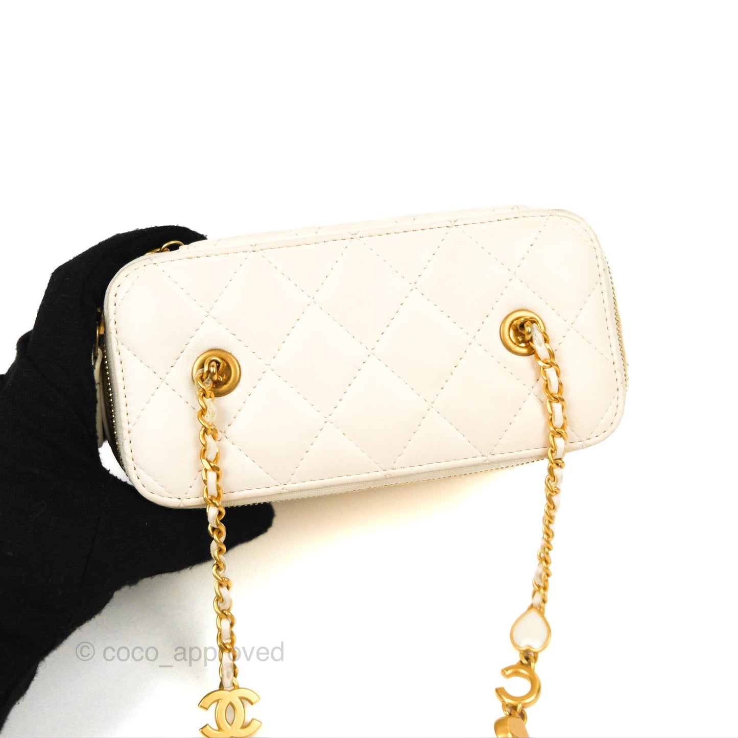 Chanel Vanity with COCO Heart Chain White Lambskin Aged Gold Hardware