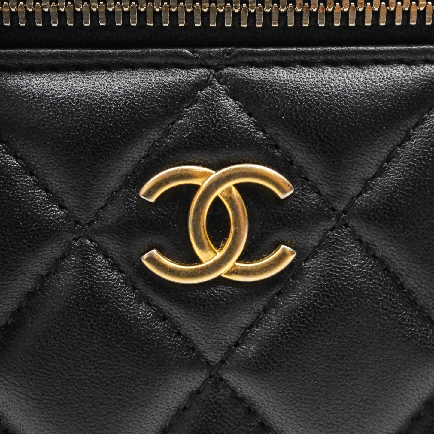 Chanel Vanity Rectangular Metal Top Handle Black Lambskin Aged Gold Hardware
