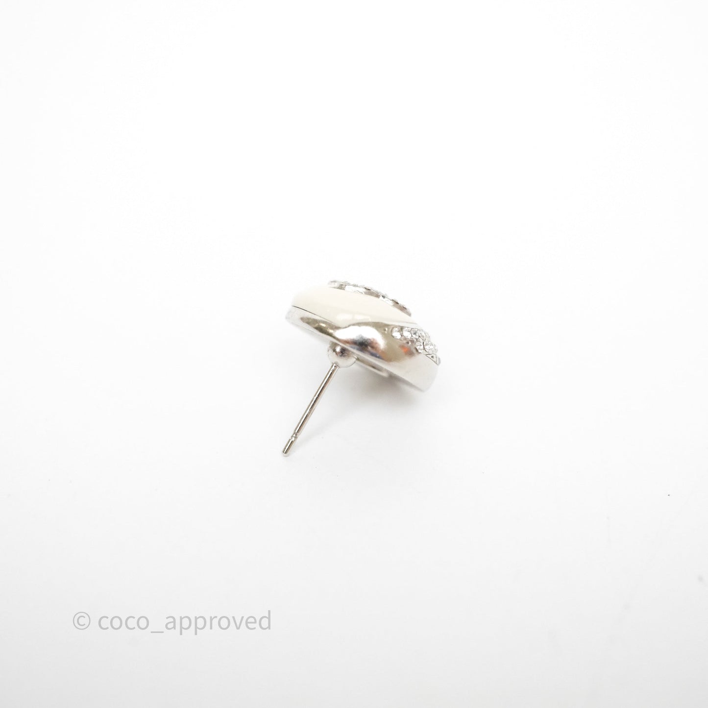Chanel Crystal CC White Round Earrings Silver Tone 22C