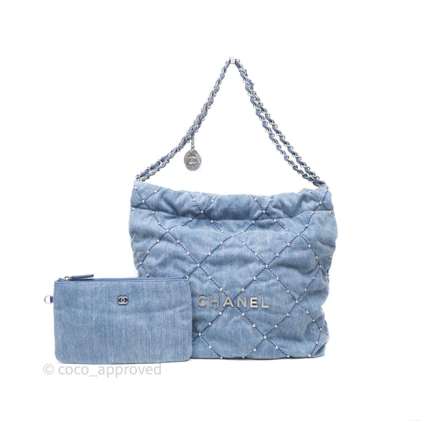 Chanel 22 Small Pearl Studded Denim Silver Hardware