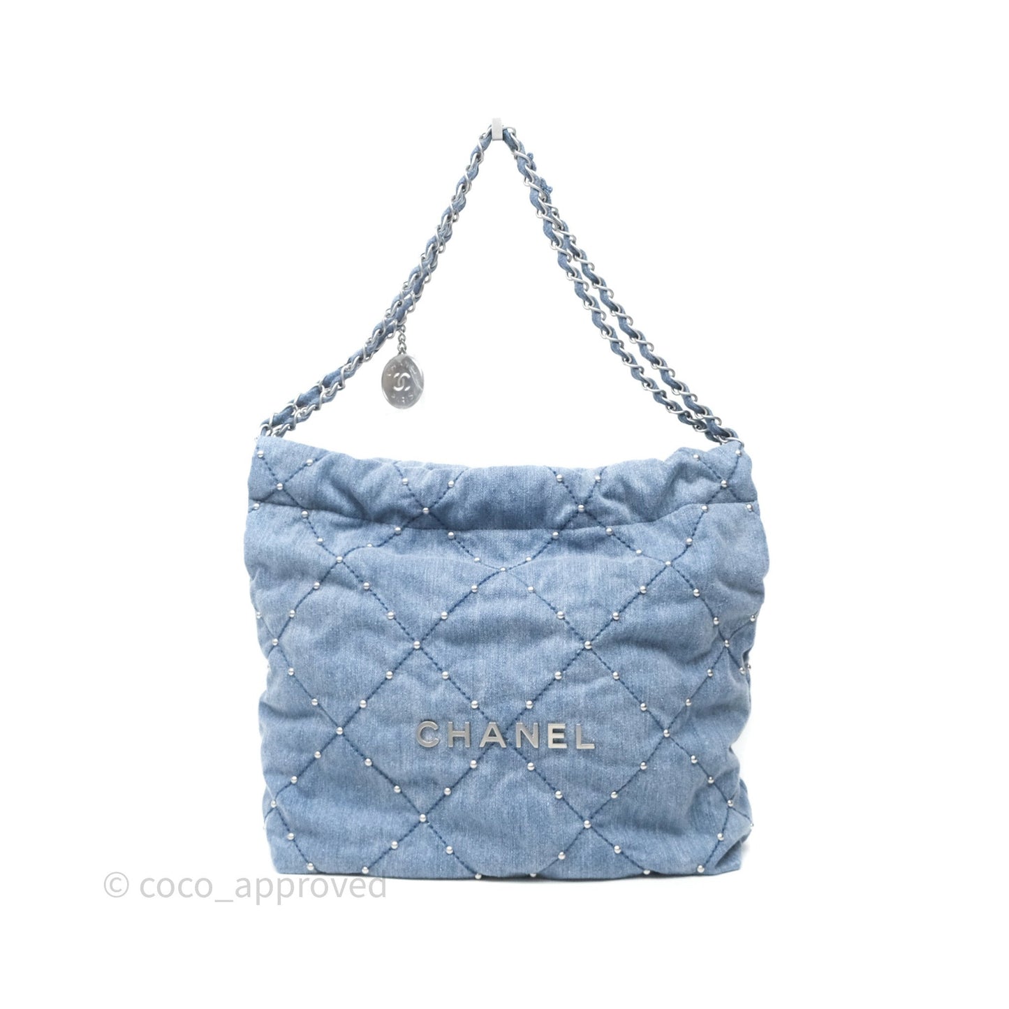 Chanel 22 Small Pearl Studded Denim Silver Hardware