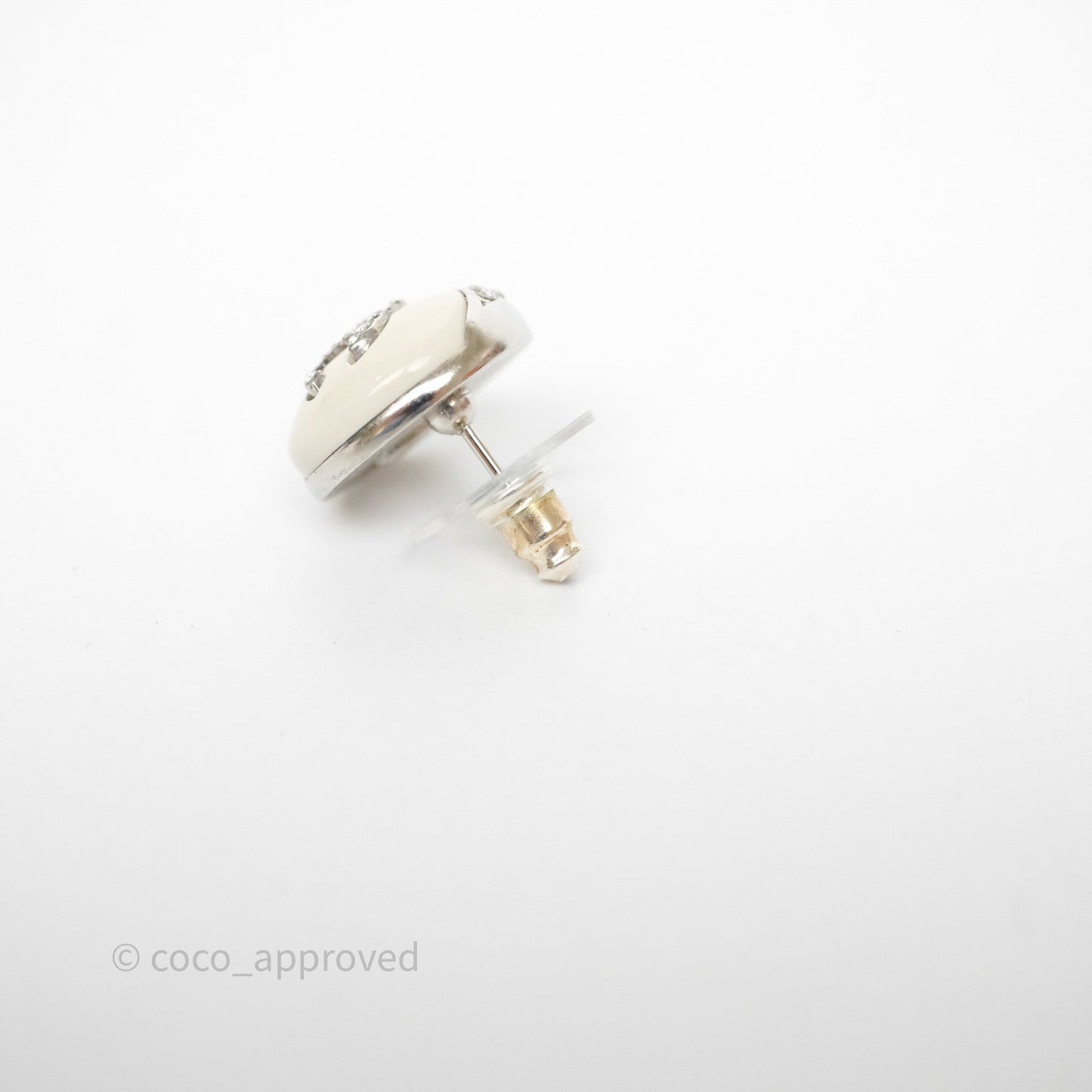 Chanel Crystal CC White Round Earrings Silver Tone 22C