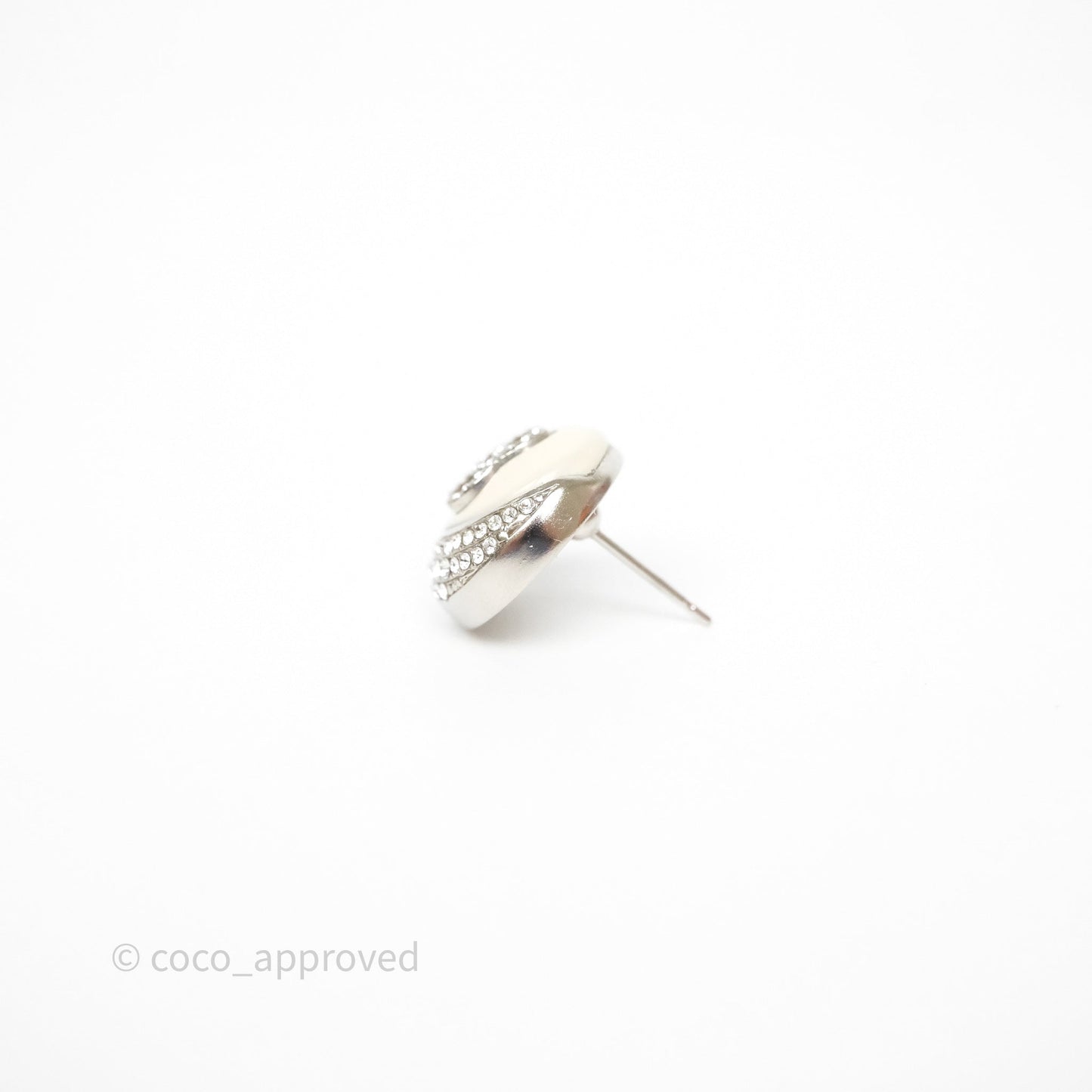 Chanel Crystal CC White Round Earrings Silver Tone 22C