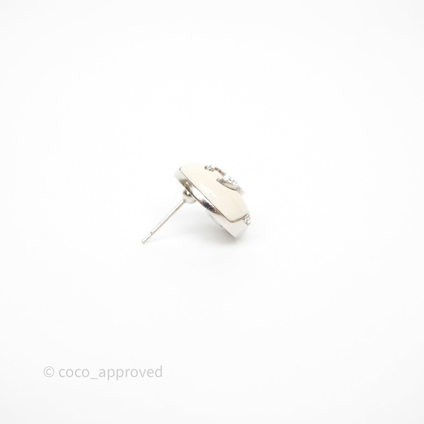 Chanel Crystal CC White Round Earrings Silver Tone 22C
