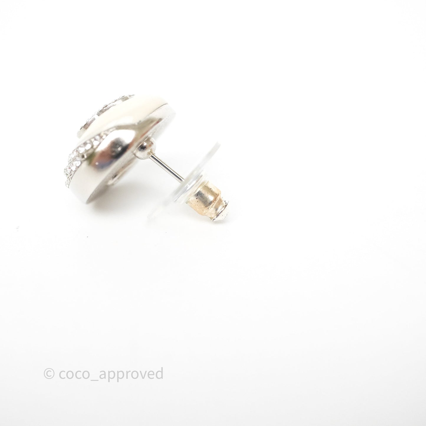 Chanel Crystal CC White Round Earrings Silver Tone 22C