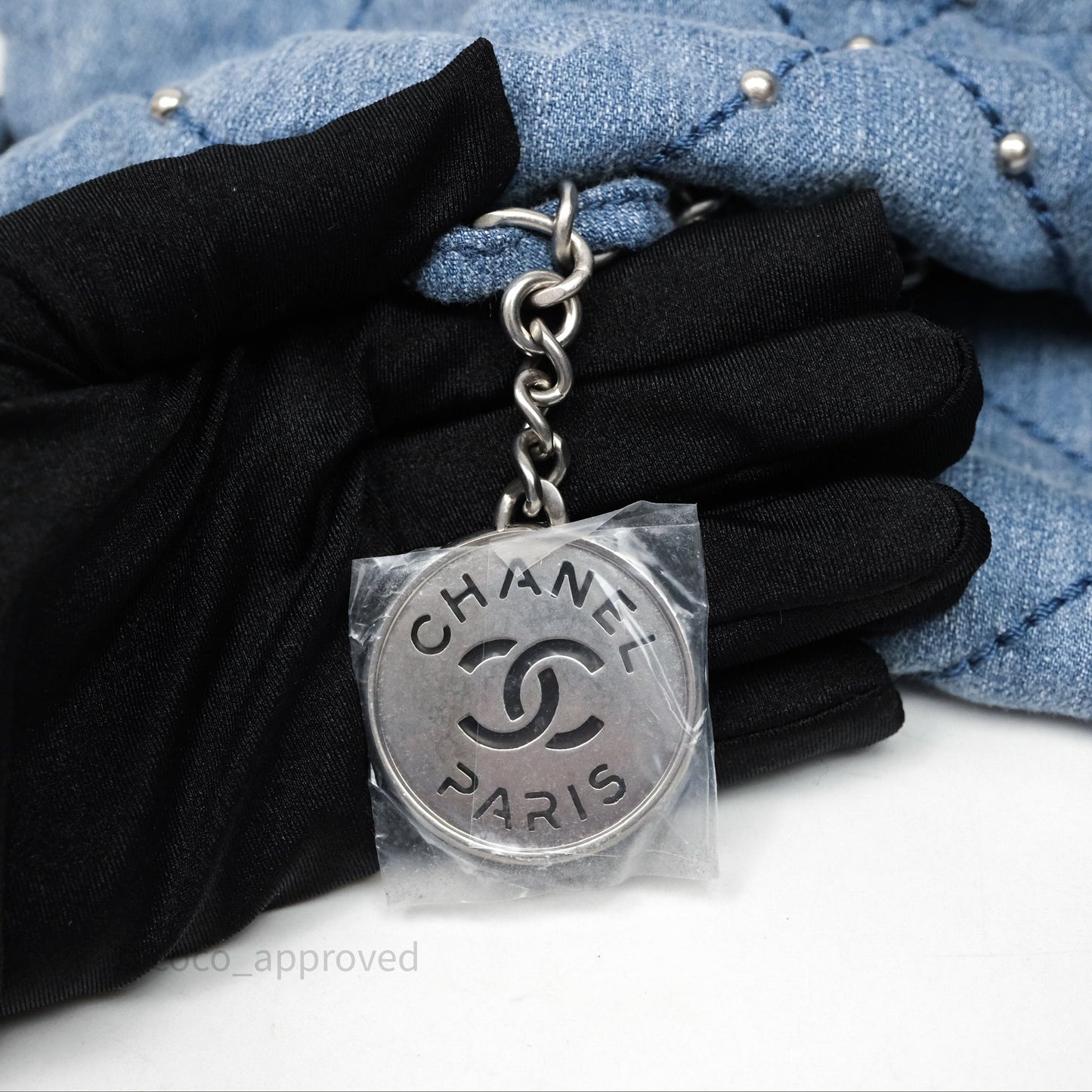 Chanel 22 Small Pearl Studded Denim Silver Hardware