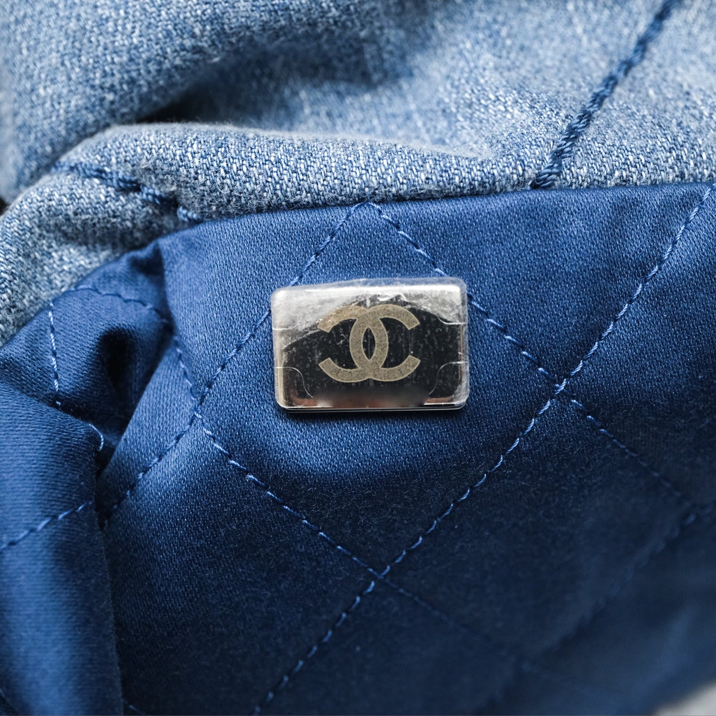 Chanel 22 Small Pearl Studded Denim Silver Hardware