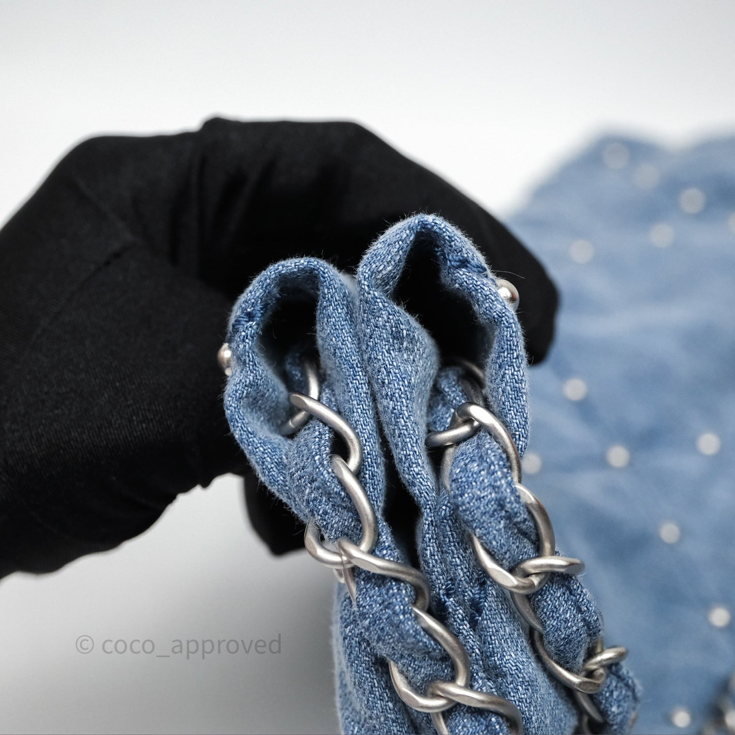 Chanel 22 Small Pearl Studded Denim Silver Hardware