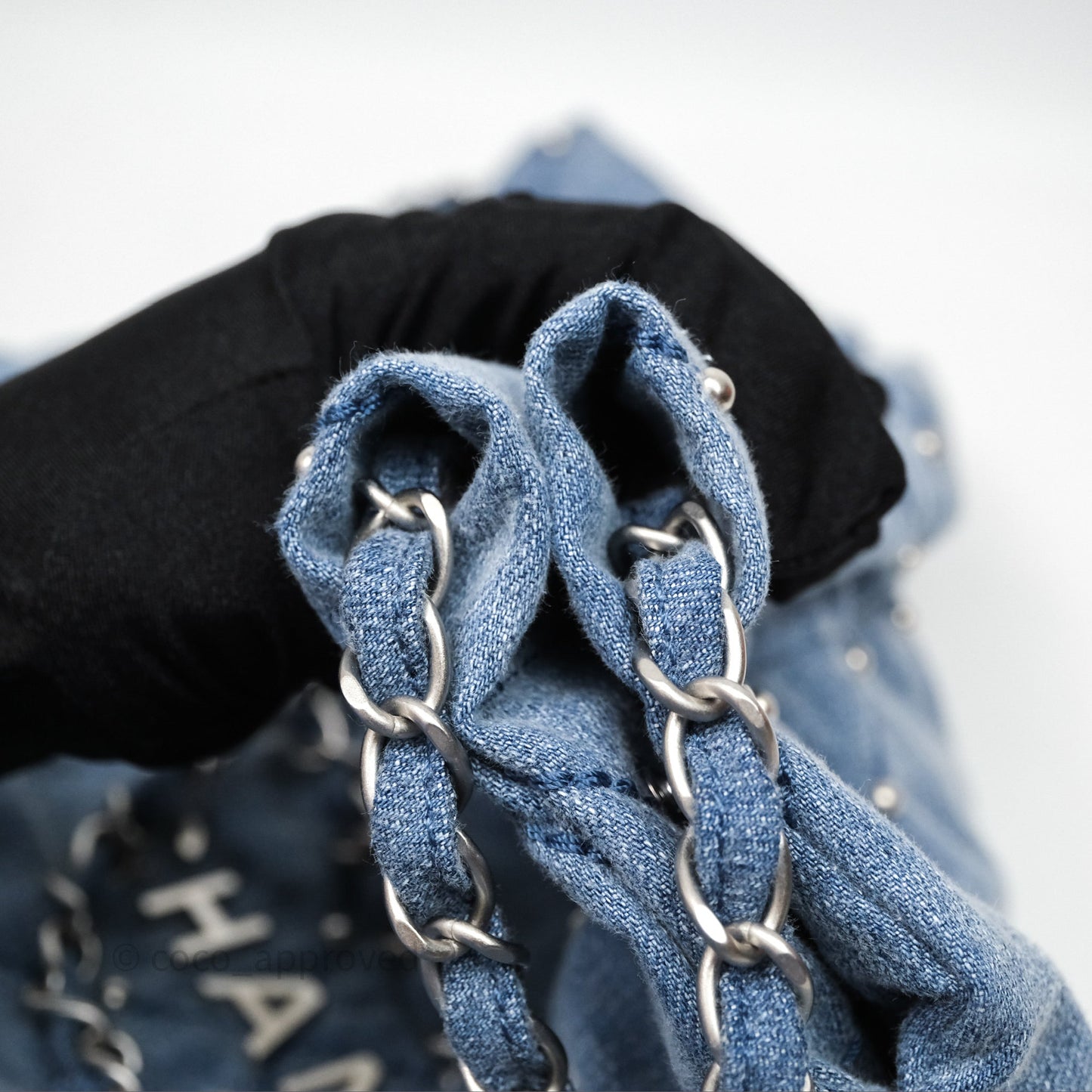 Chanel 22 Small Pearl Studded Denim Silver Hardware