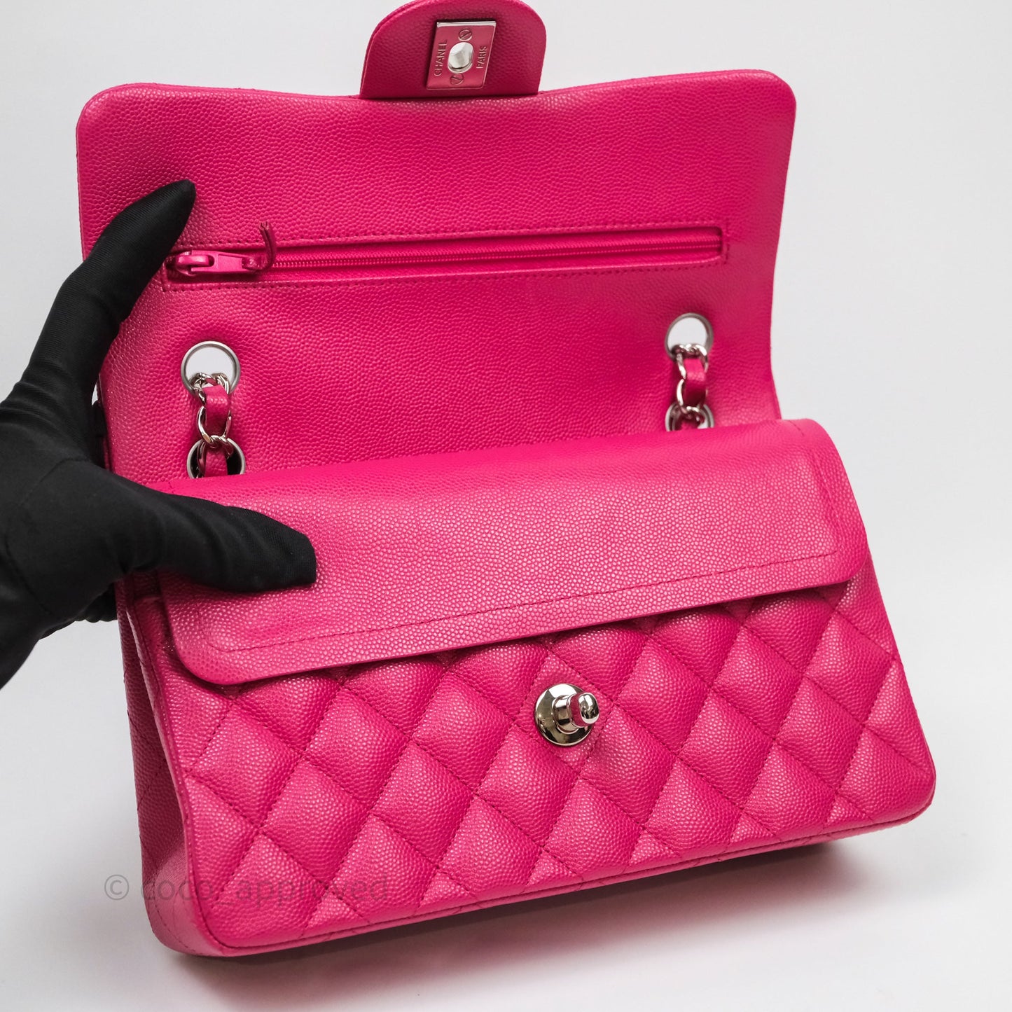 Chanel Small Classic Flap Quilted Hot Pink Caviar Silver Hardware