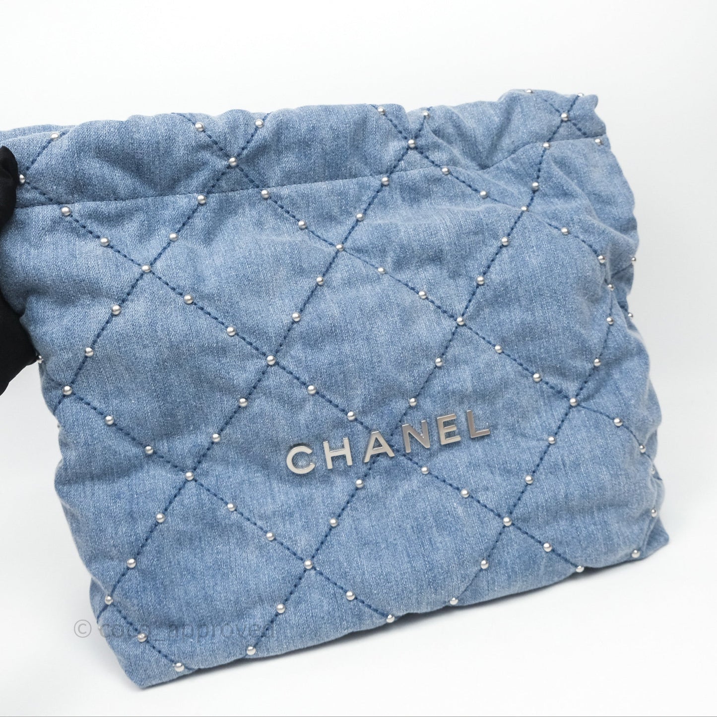 Chanel 22 Small Pearl Studded Denim Silver Hardware