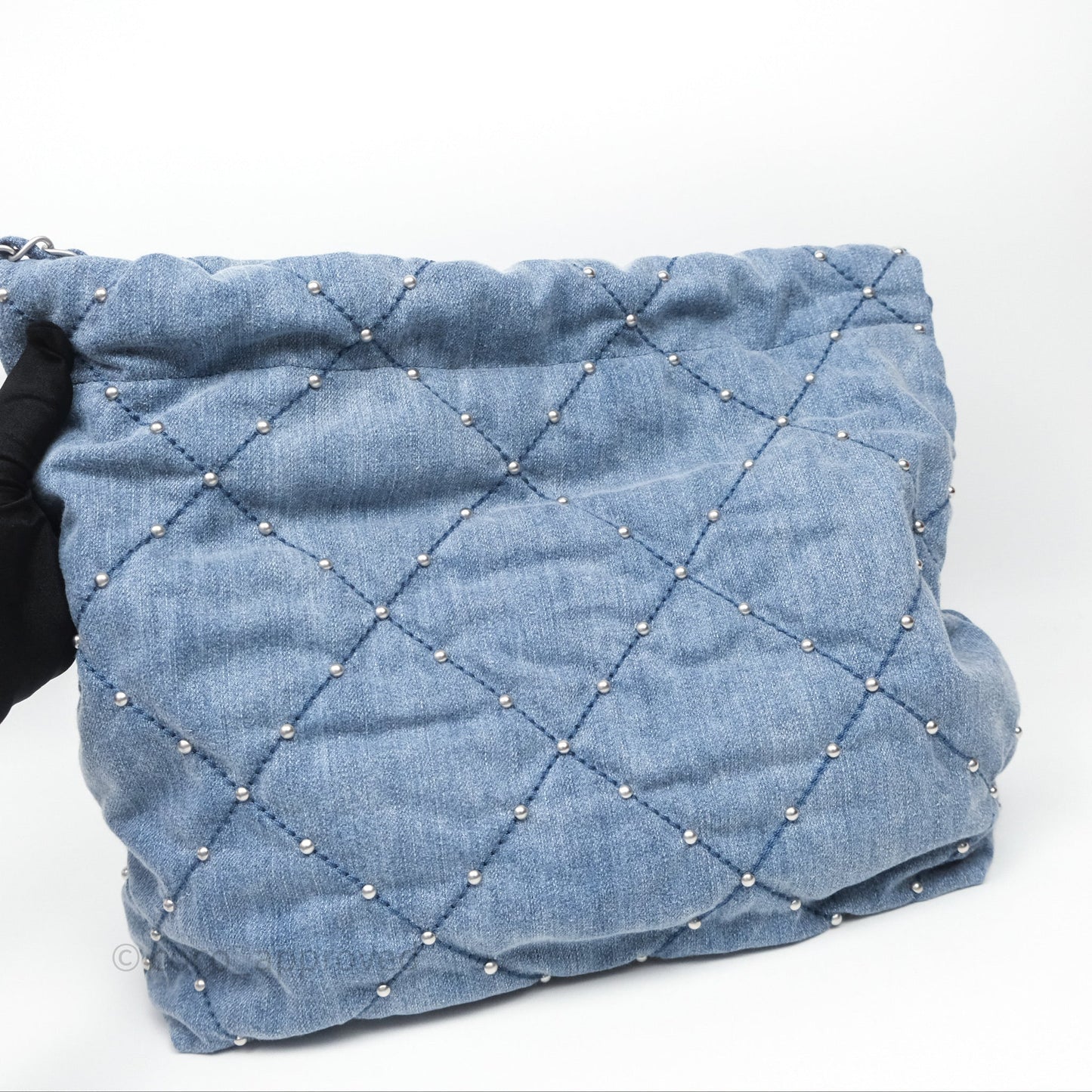 Chanel 22 Small Pearl Studded Denim Silver Hardware