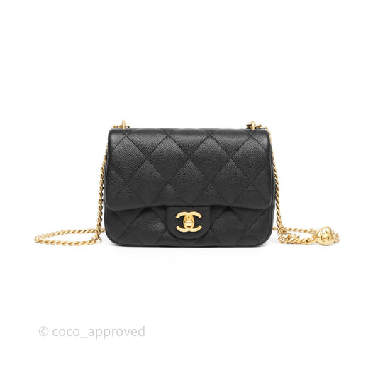 Chanel Mini Flap Bag Heart Adjustable Chain Black Caviar Aged Gold Hardware