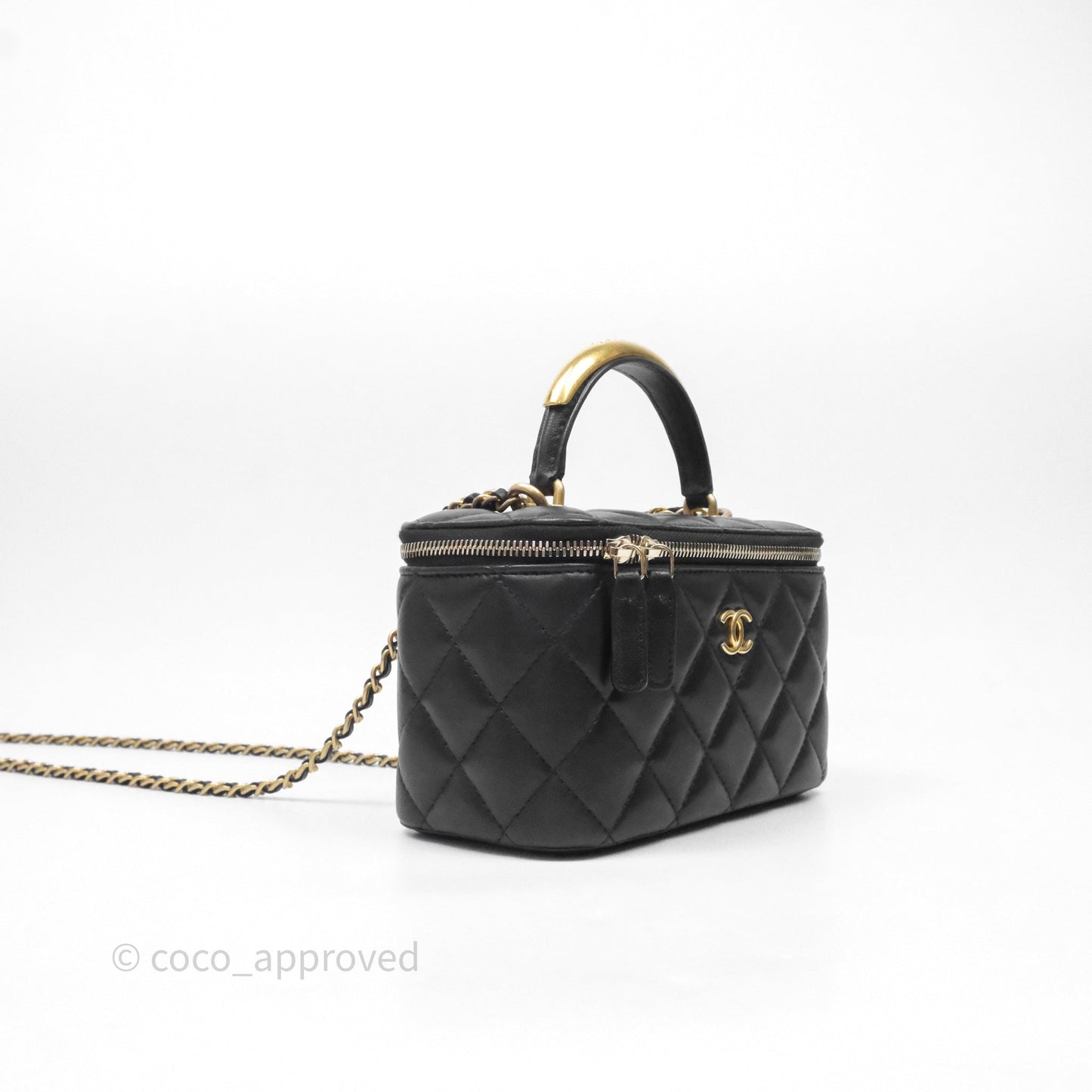 Chanel Vanity Rectangular Metal Top Handle Black Lambskin Aged Gold Hardware
