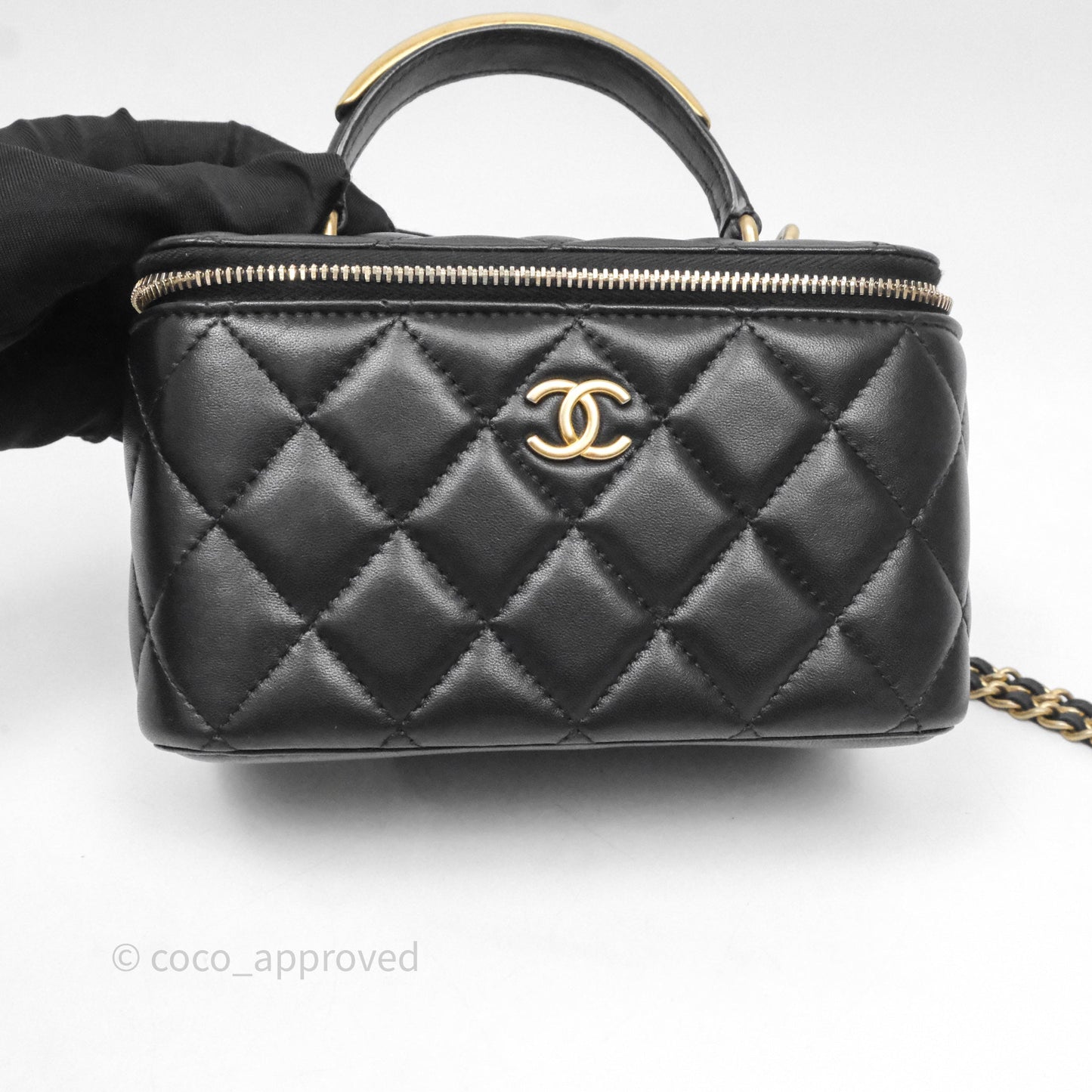 Chanel Vanity Rectangular Metal Top Handle Black Lambskin Aged Gold Hardware