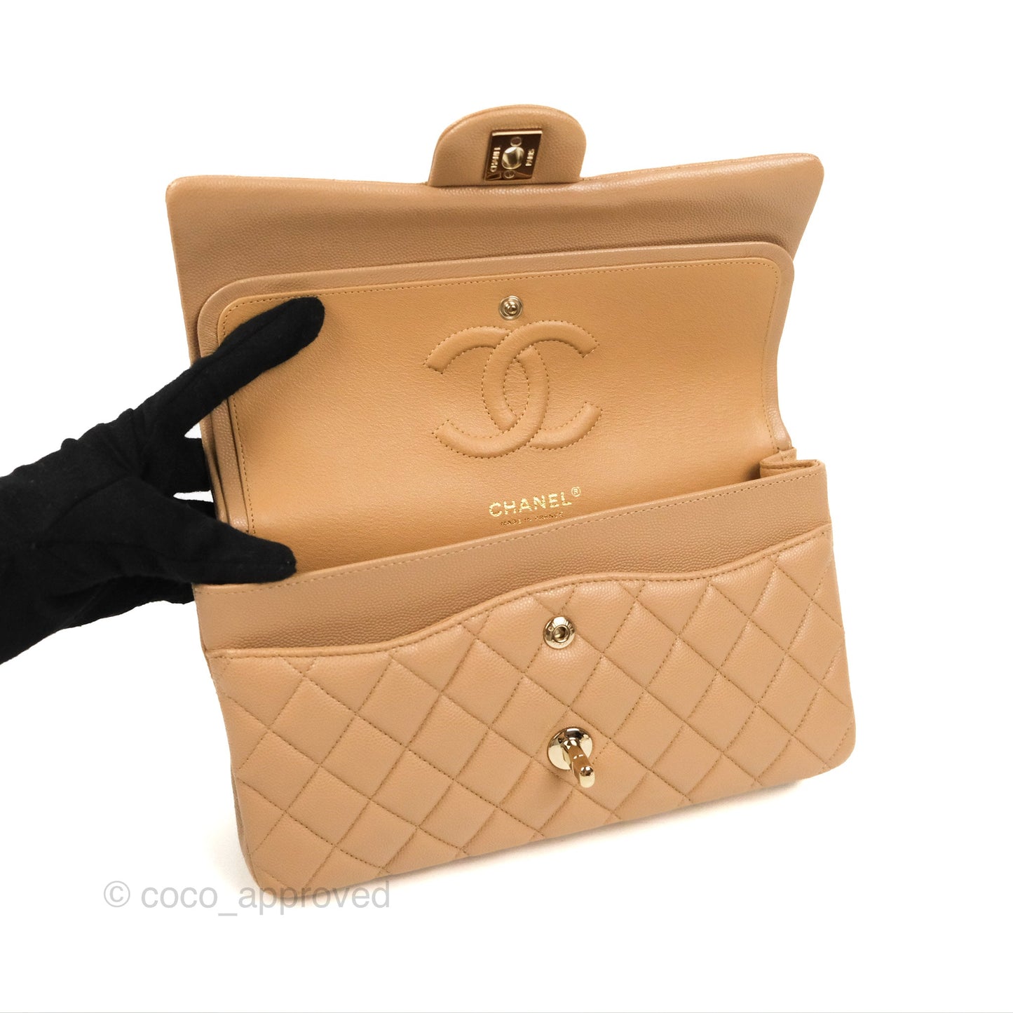 Chanel Classic M/L Medium Flap Quilted Dark Beige Caviar Gold Hardware 19B