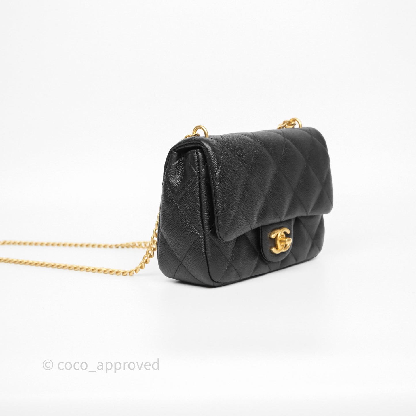 Chanel Mini Flap Bag Heart Adjustable Chain Black Caviar Aged Gold Hardware