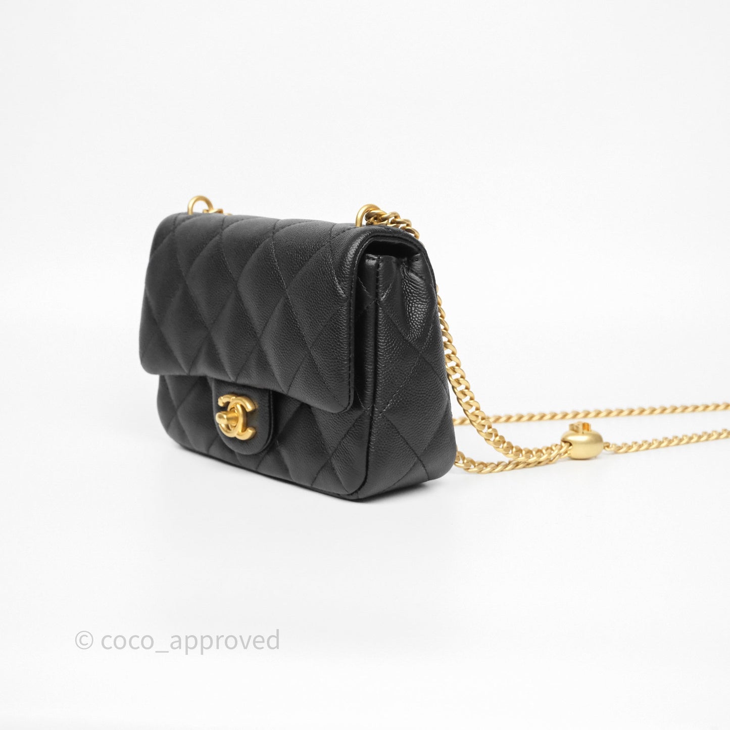 Chanel Mini Flap Bag Heart Adjustable Chain Black Caviar Aged Gold Hardware