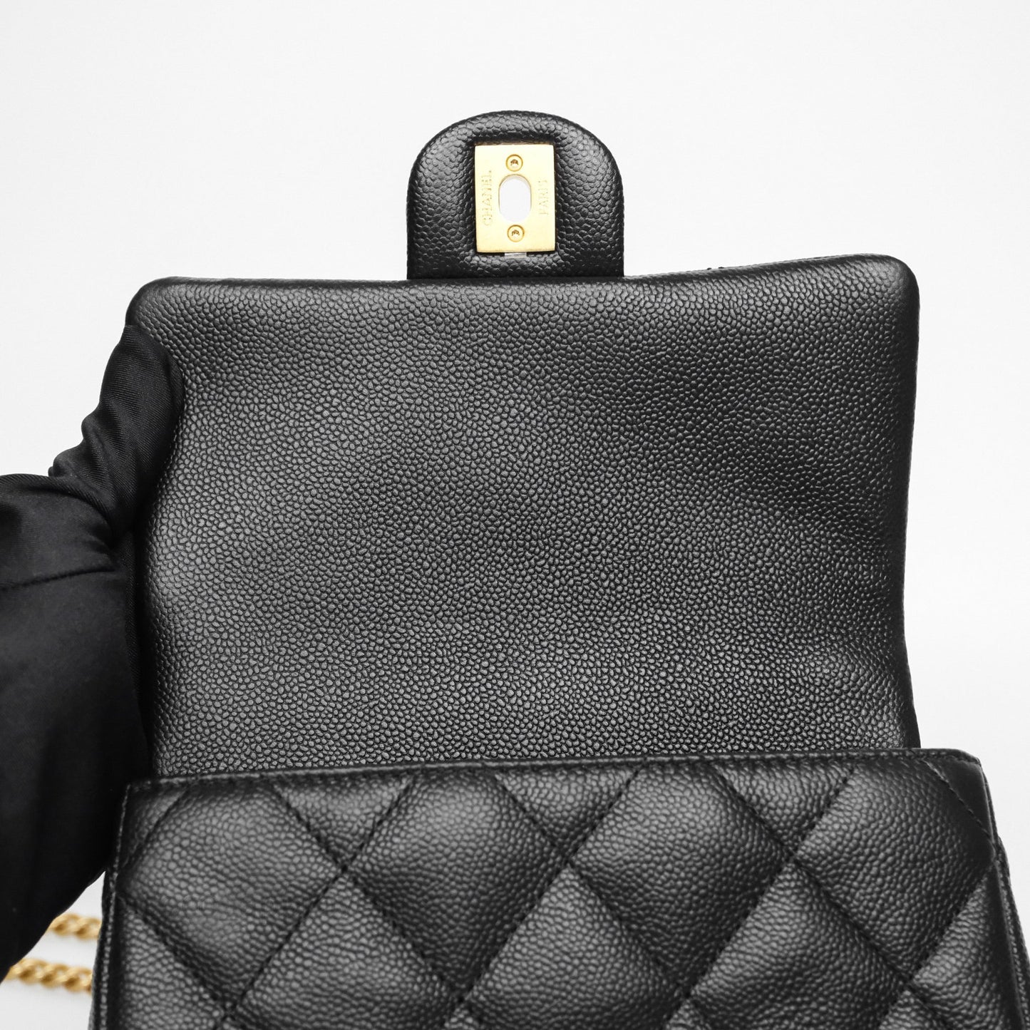 Chanel Mini Flap Bag Heart Adjustable Chain Black Caviar Aged Gold Hardware