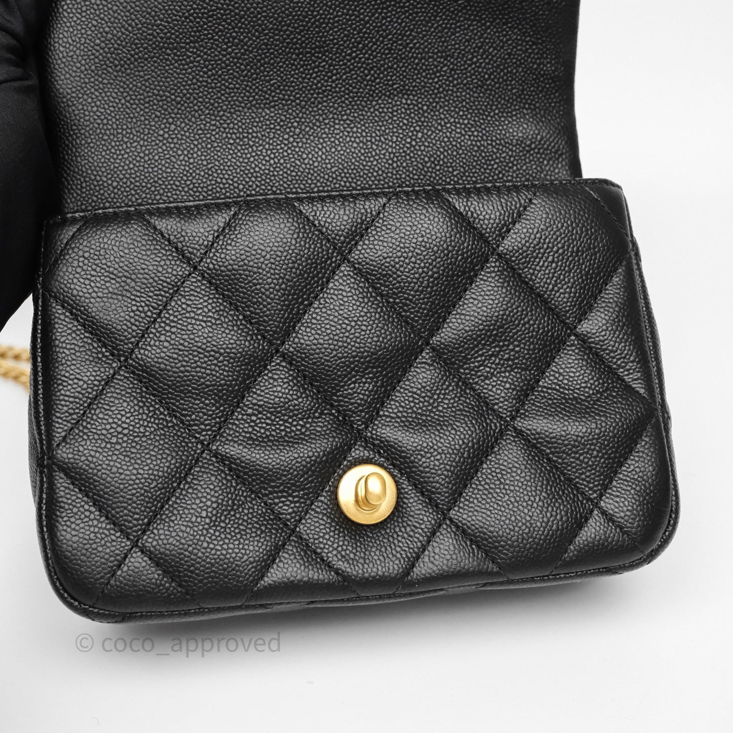 Chanel Mini Flap Bag Heart Adjustable Chain Black Caviar Aged Gold Hardware