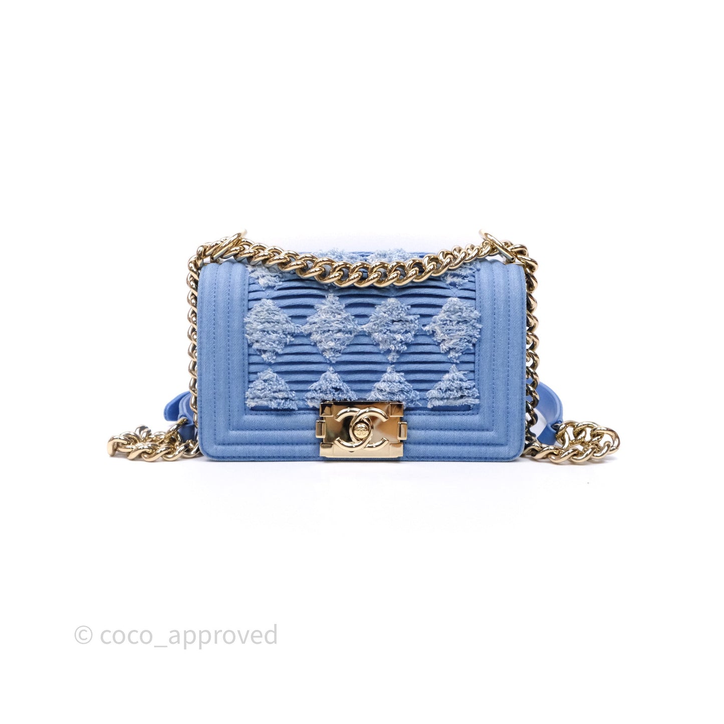 Chanel Small Boy Light Blue Pleated Denim Gold Hardware