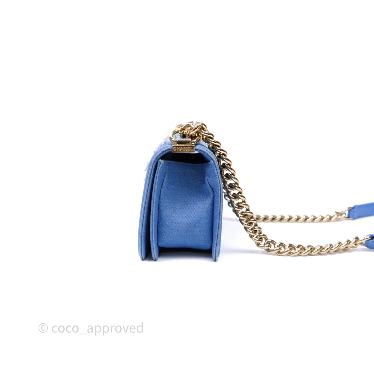 Chanel Small Boy Light Blue Pleated Denim Gold Hardware